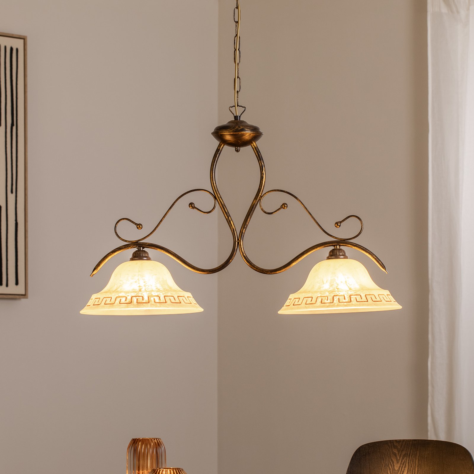 Hengelampe BILIARDO GIORGIO, krem/bronse, glass/jern 2 lyskilder.