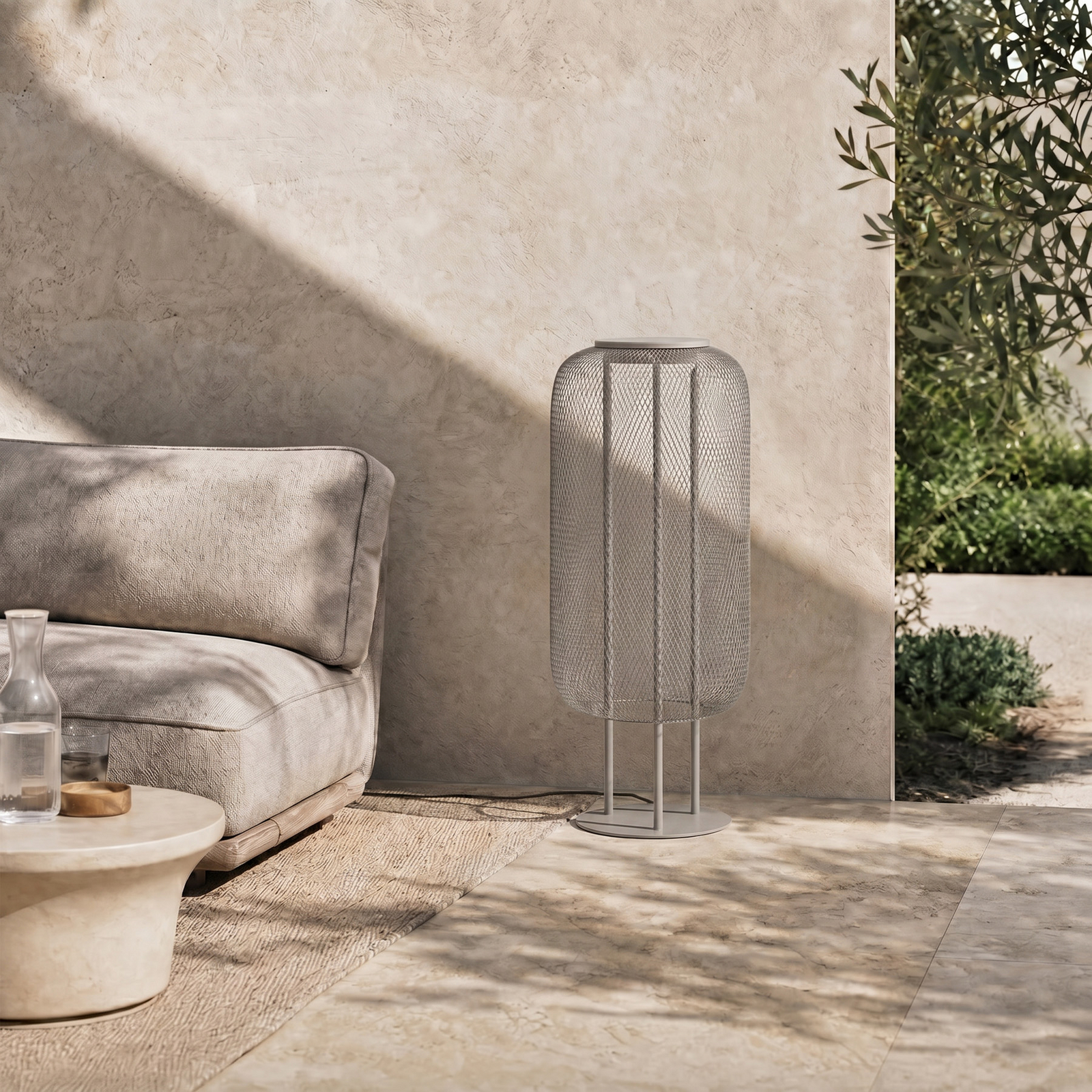 Korvyn LED floor lamp, stone grey, height 80 cm, IP44 - Lucande