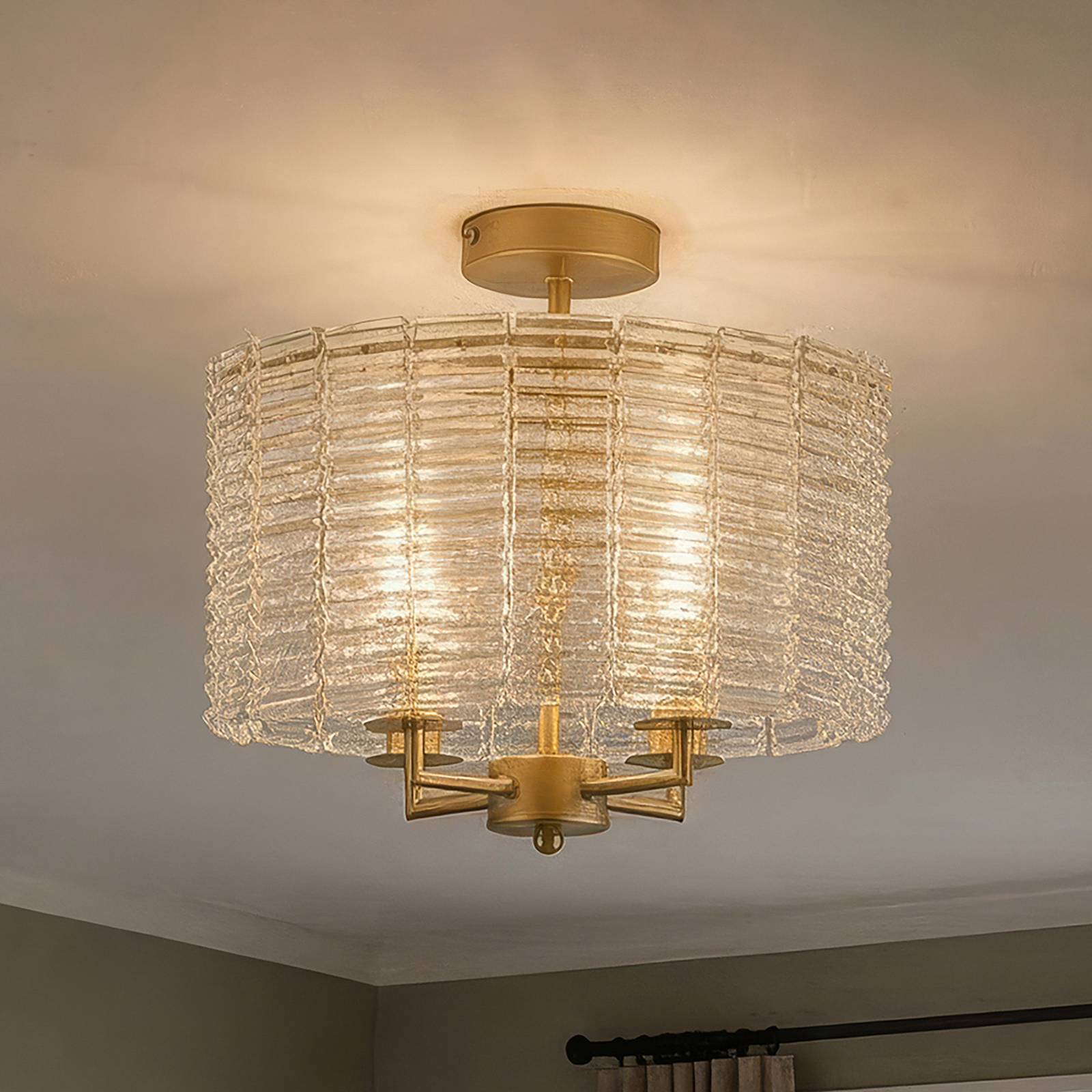 Lampa sufitowa Flute, złota/przezroczysta, szkło, metal, E14