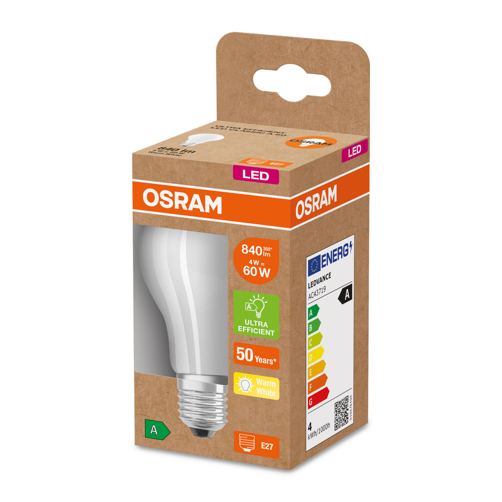 OSRAM ampoule LED E27 A60 3,8W 840lm 3.000K mat