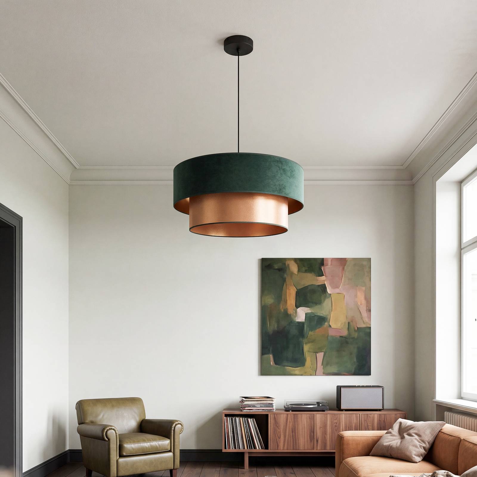 Lampa wisząca Dorina, zielono-złota, Ø 45 cm, tkanina, E27