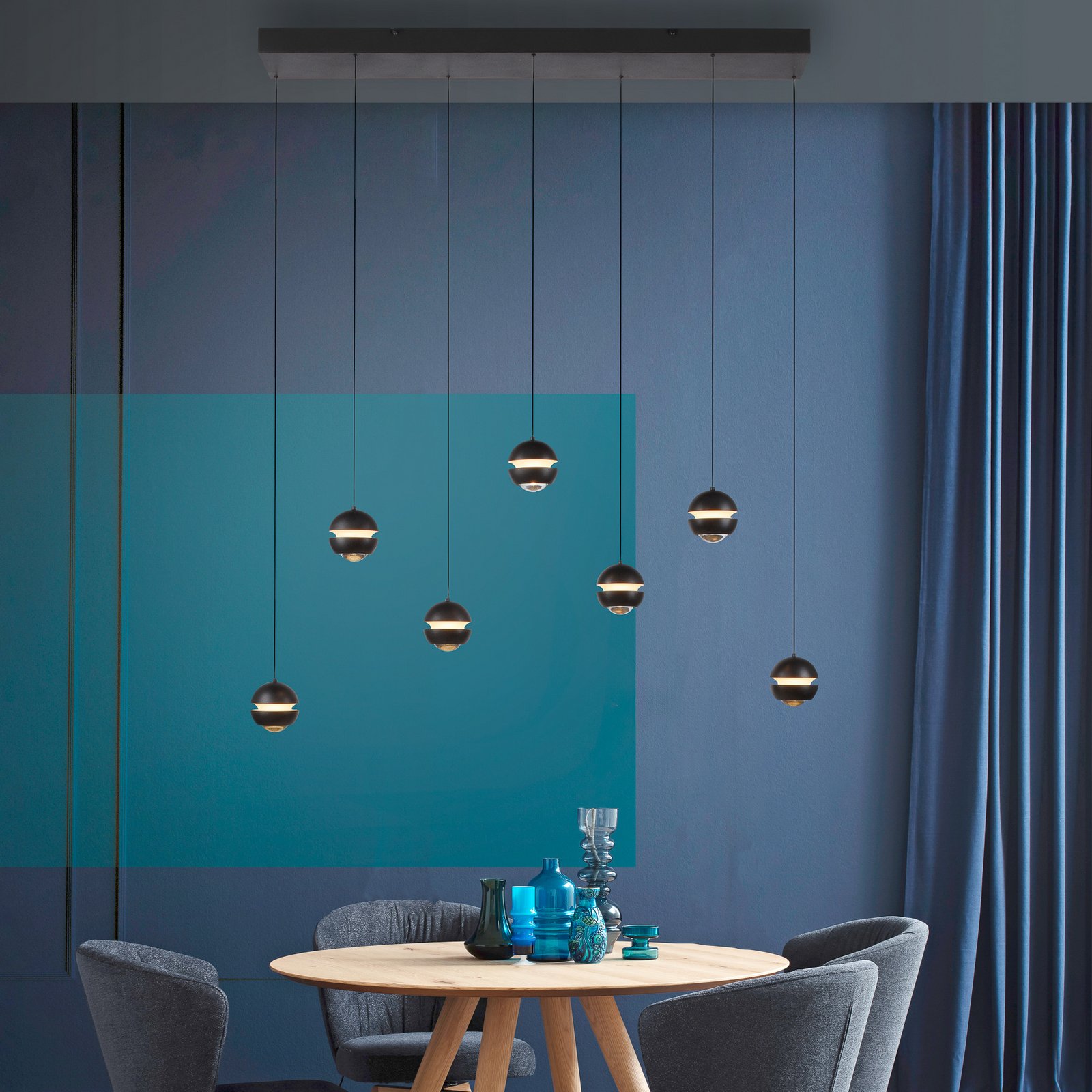 SCHÖNER WOHNEN LED hanglamp Lini zwart 7-lamps lang 3.000K SCHÖNER WOHNEN LED hanglamp Lini zwart 7-lamps lang 3.000K