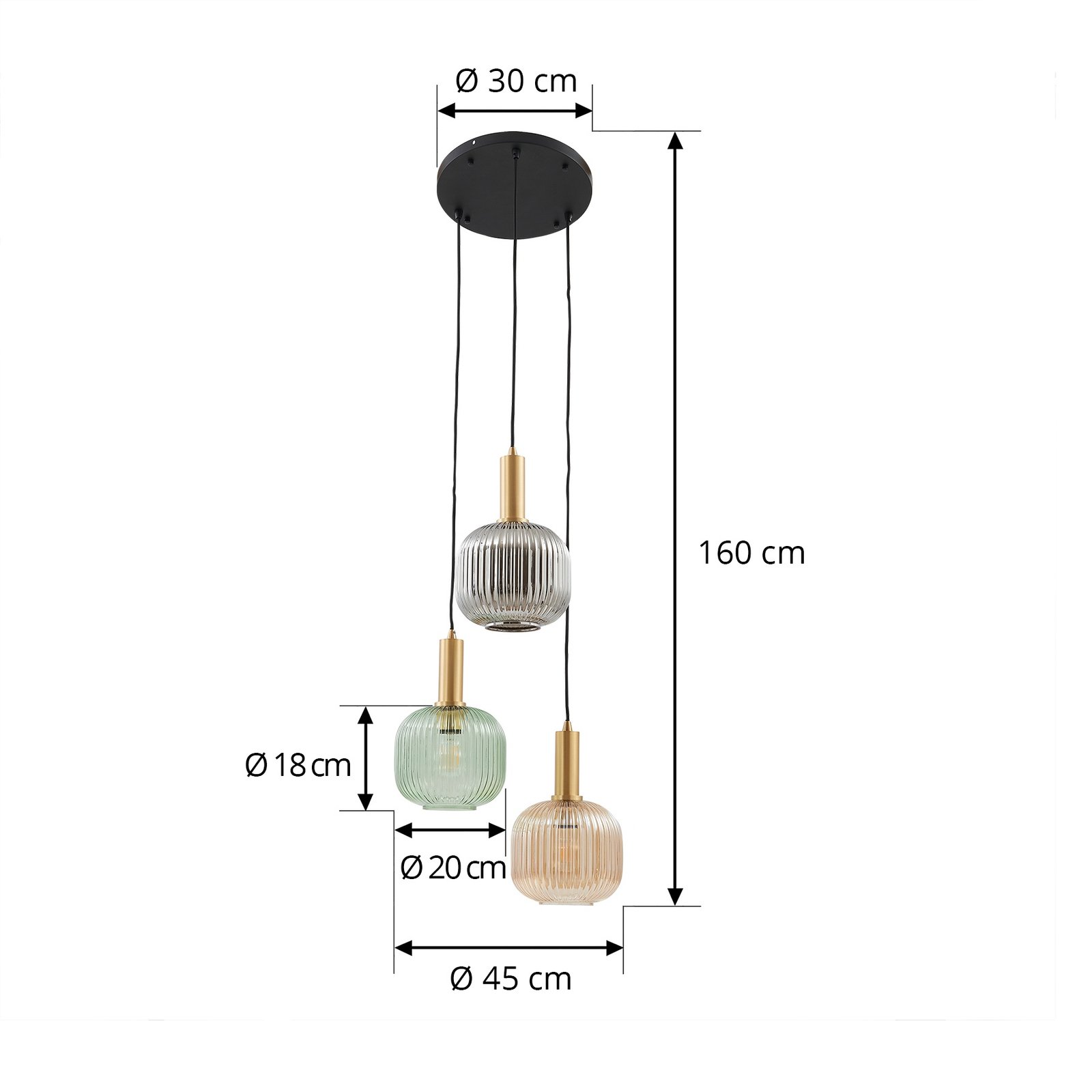 Lindby Doroteo lampă suspendată, 3 becuri, verde/amber/gri, sticlă