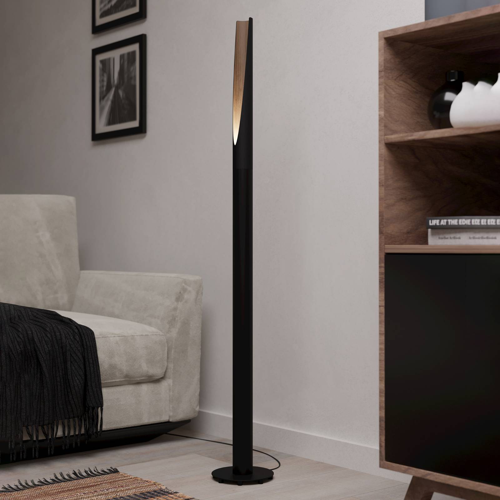 LED-Stehleuchte Barbotto in Schwarz/Eicheoptik günstig online kaufen