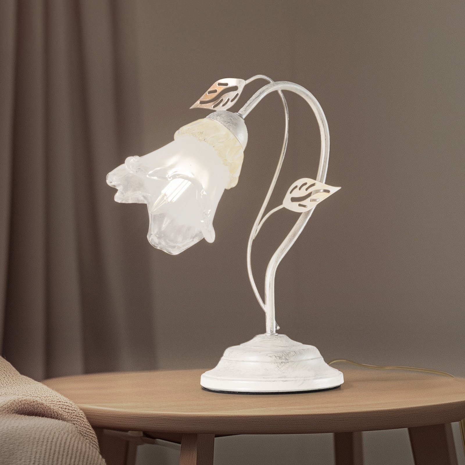 Namizna svetilka Lancia, slonokoščene barve, 1-svetlobna, železo, steklo