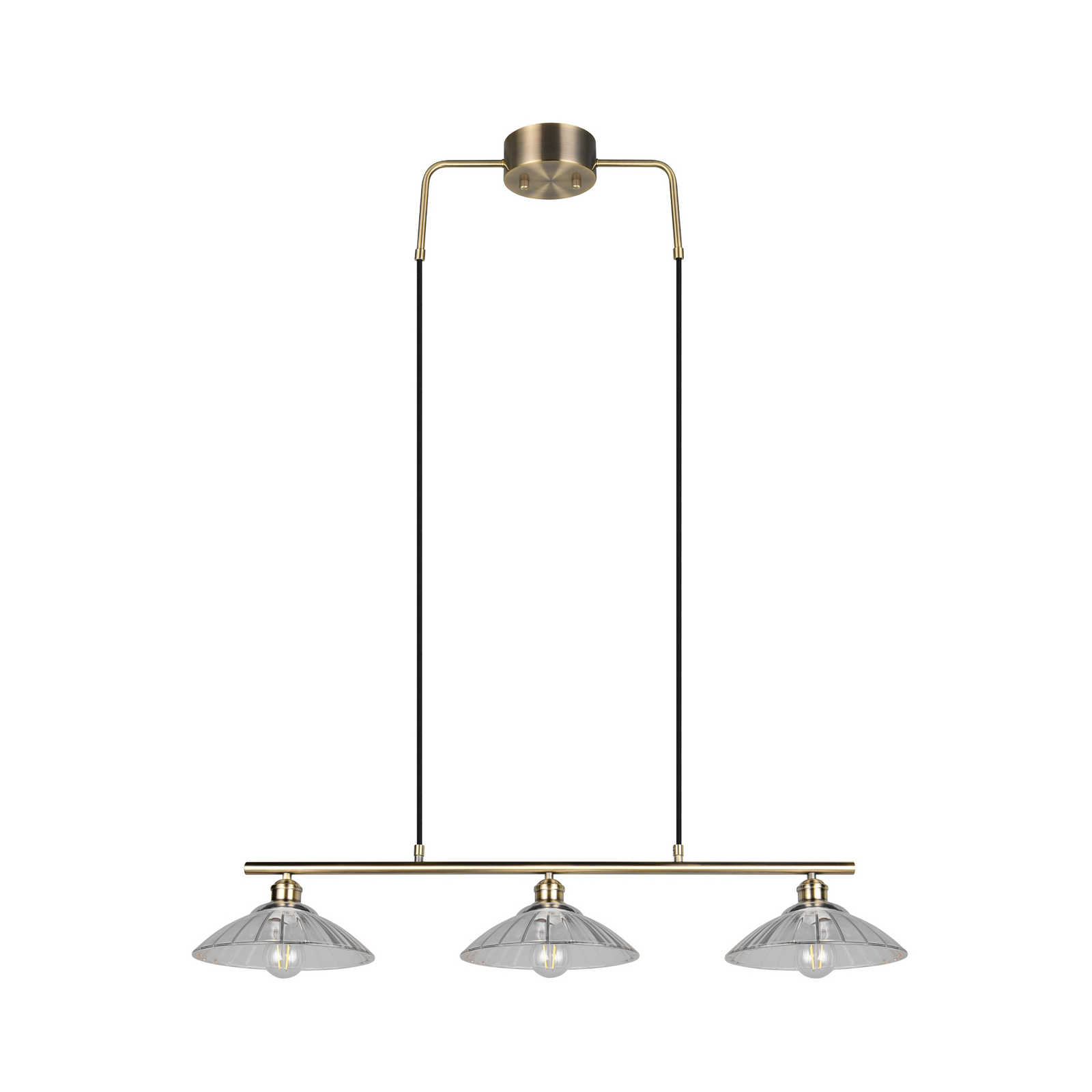 Висяща лампа Eluna, прозрачна/старинна месинг, 100 см стъкло/метал 3-крилна.