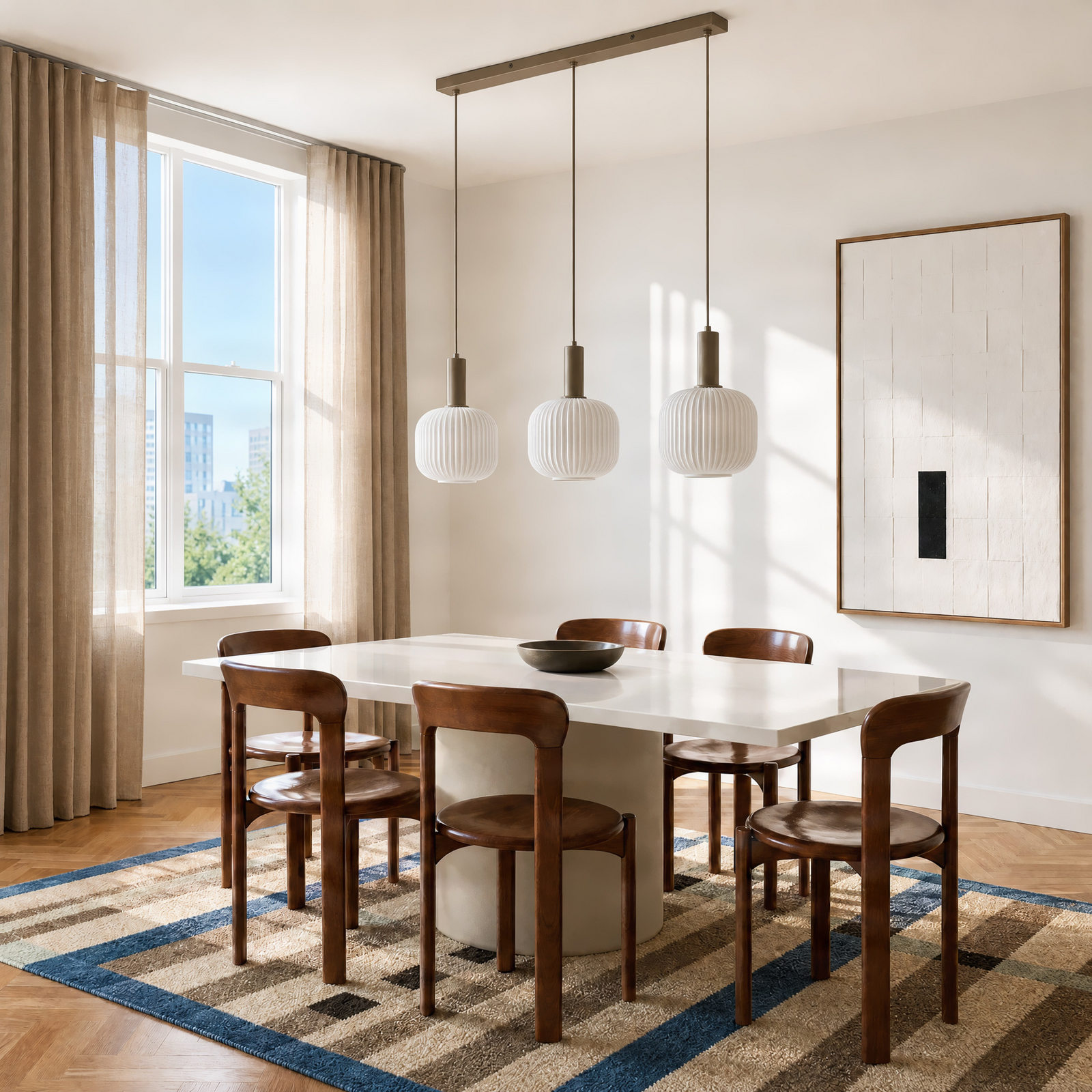 Evey Hängelampe, Länge 80 cm, 3-flg, weiß/beige, Glas - NOLA Evey Hängelampe, Länge 80 cm, 3-flg, weiß/beige, Glas - NOLA