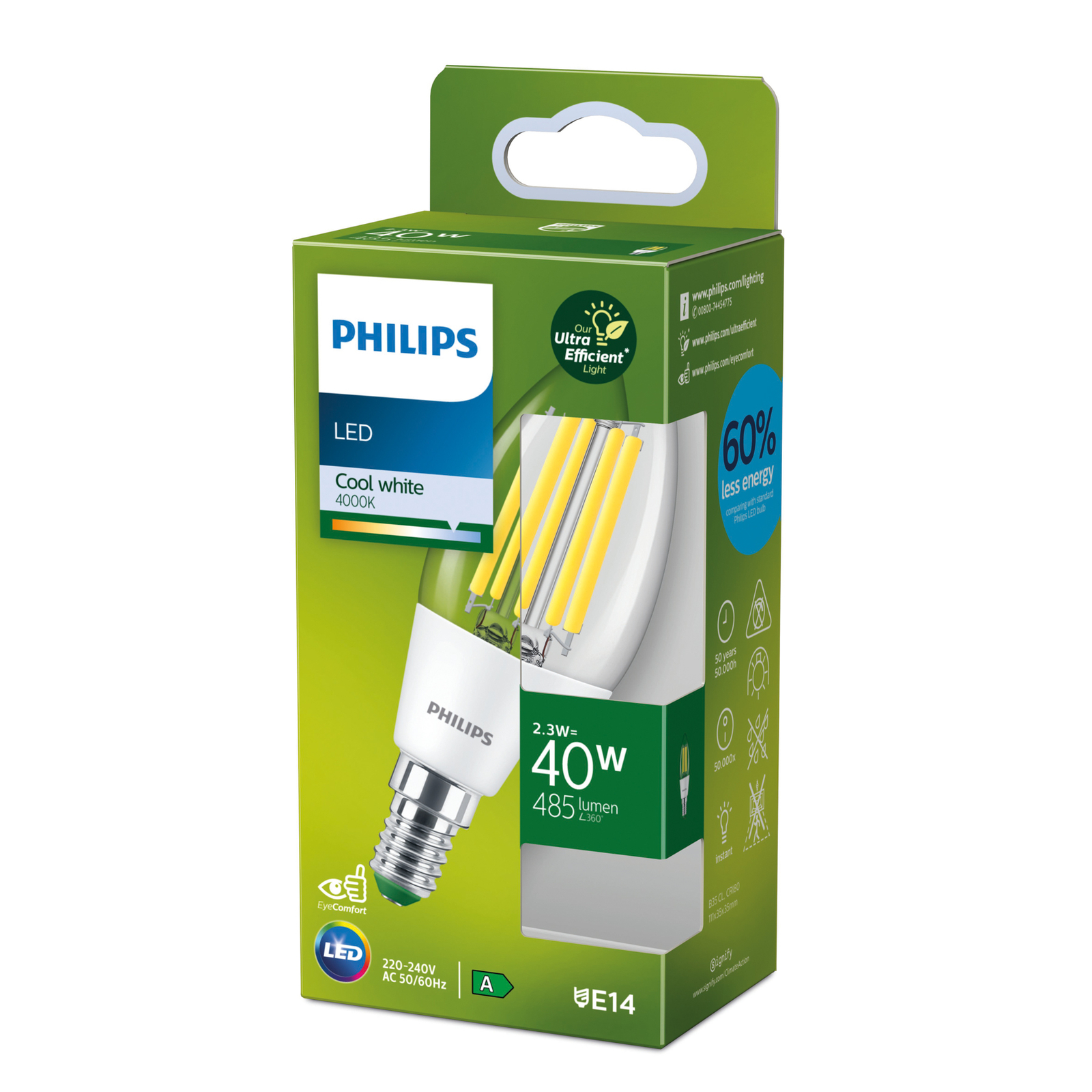 Philips E14 LED candle C35 2.3W 485lm 4,000K clear