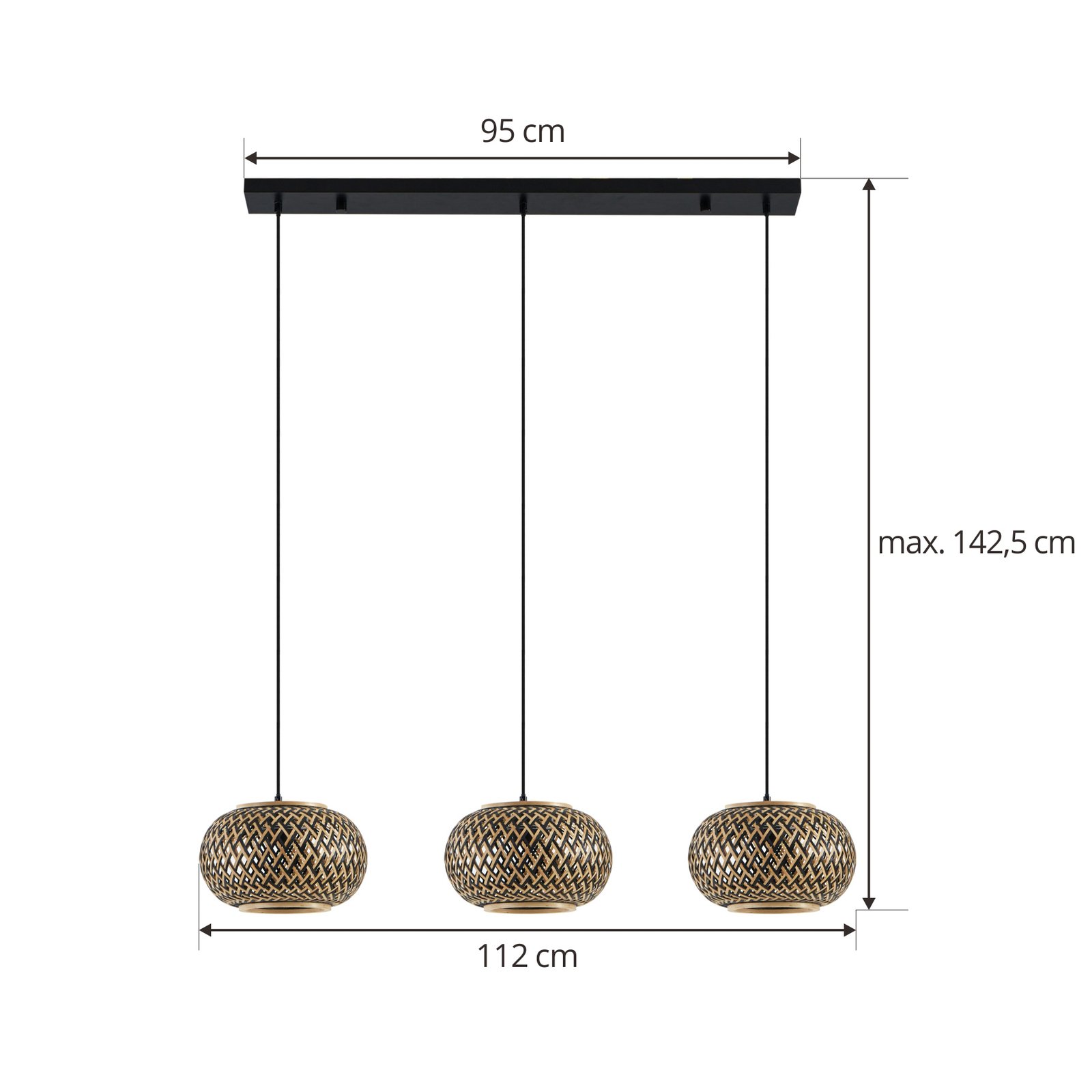Lindby hanglamp Nerys, 3-lamps, zwart, bamboe, 1.120 cm