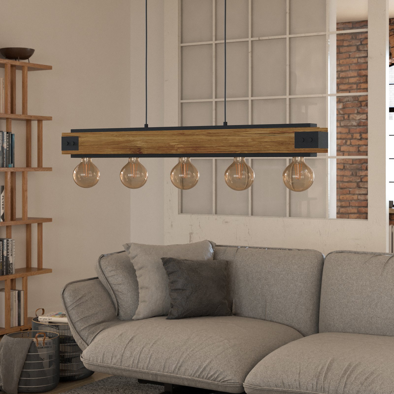 Hängelampe Layham, schwarz/holz hell, Länge 96 cm, 5-flg.