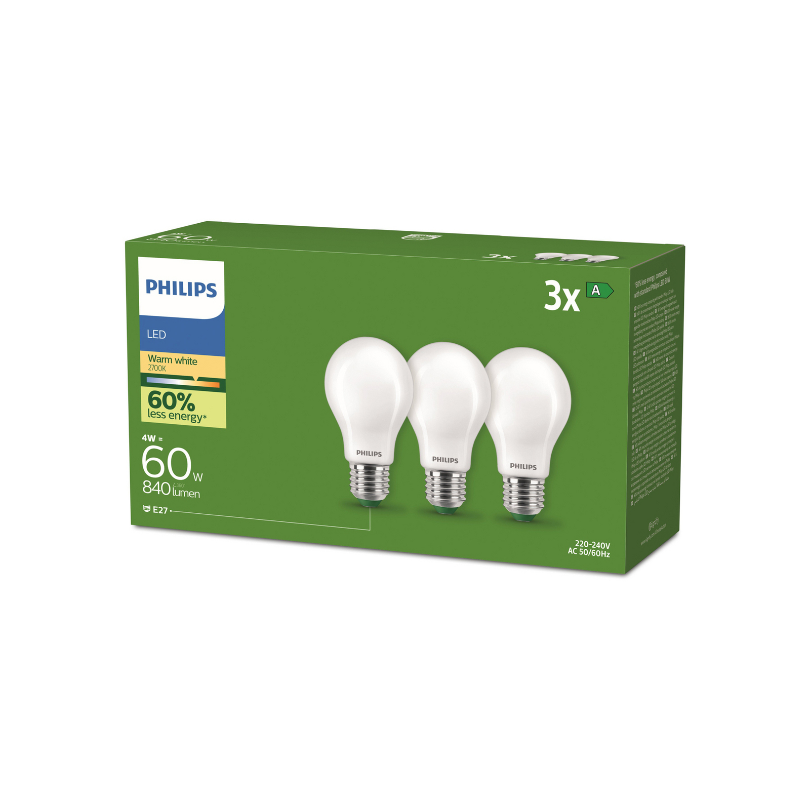 Philips E27 LED-pære A60 4W 840lm 2700K matt 3-pak