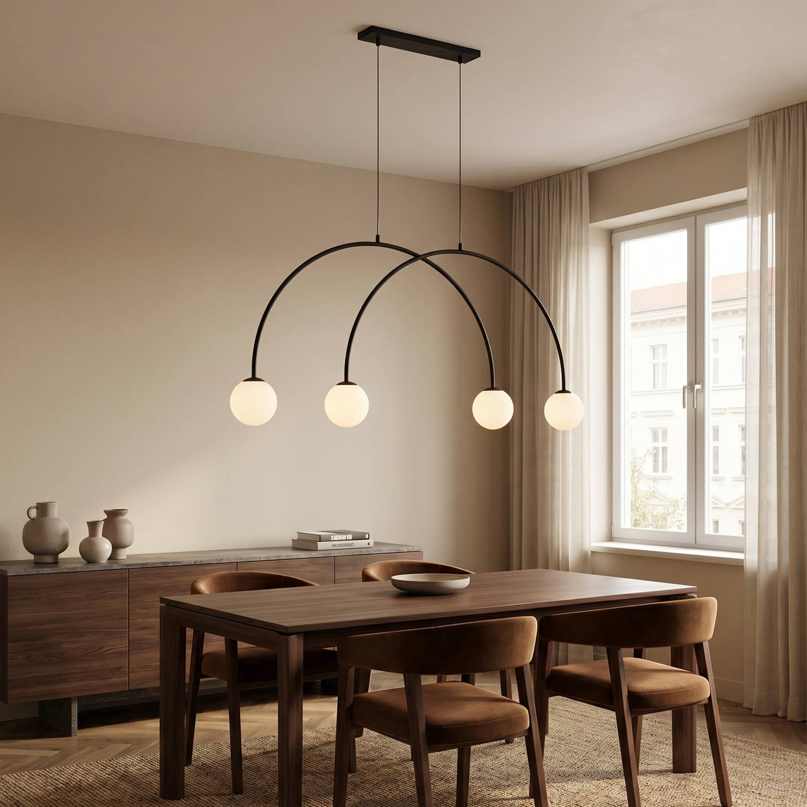 ALDEX Hanglamp Alison, zwart/wit, 4-lamps, gebogen, 129 cm