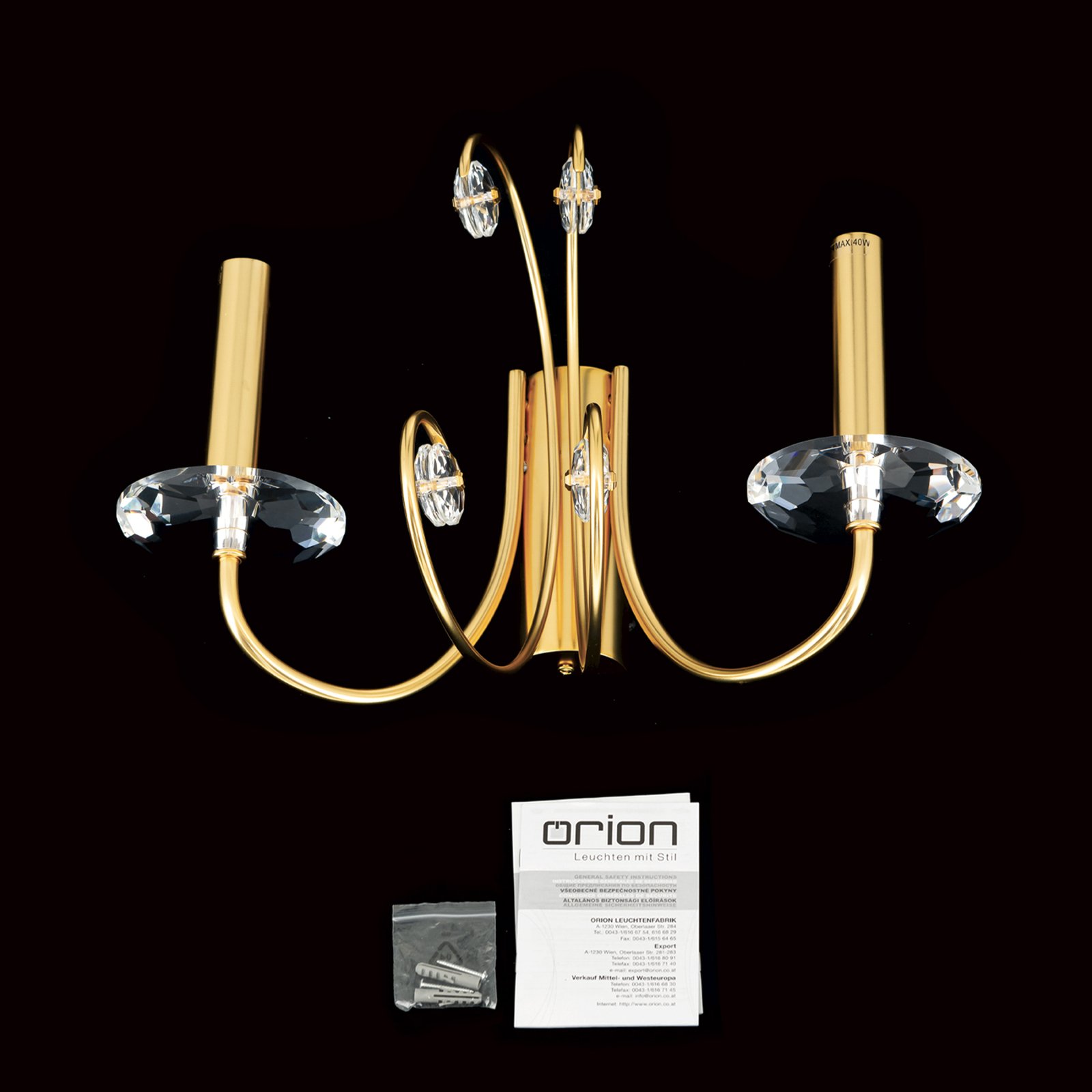 Aplique de pared Ariane, dorado, ancho 37,5 cm, cristal