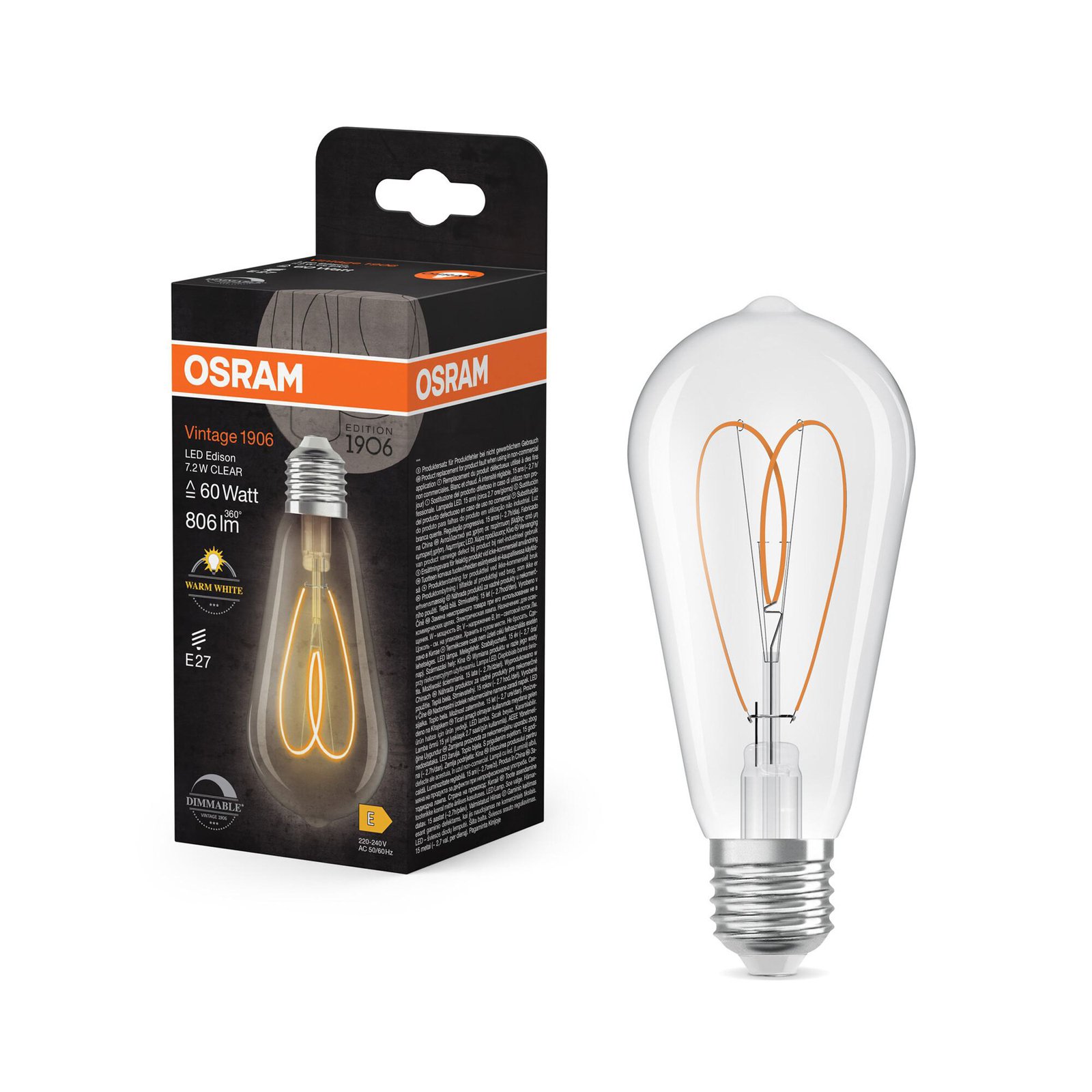 OSRAM LED Vintage ST64 E27 7,2W 927 Heart Filament regulável