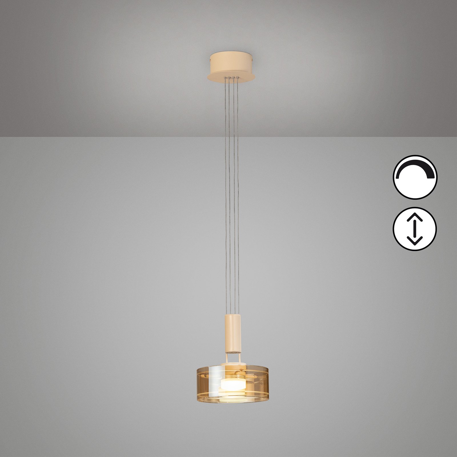 Lámpara colgante LED LAVIN, arena/ámbar, Ø 19 cm, metal/vidrio atenuable