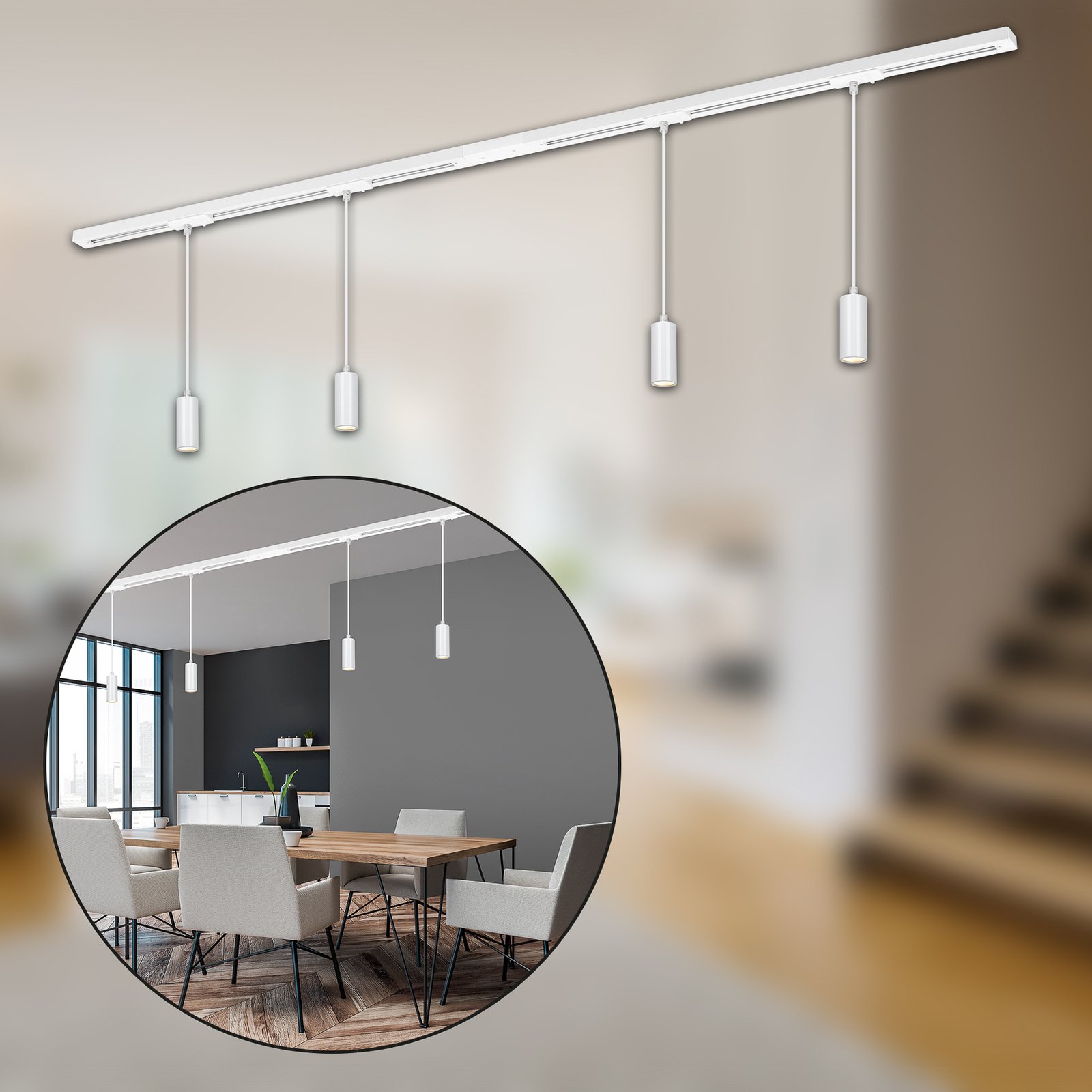 HV-LED track lighting system Rail, pendant, white, 4-bulb, length 1.5 m