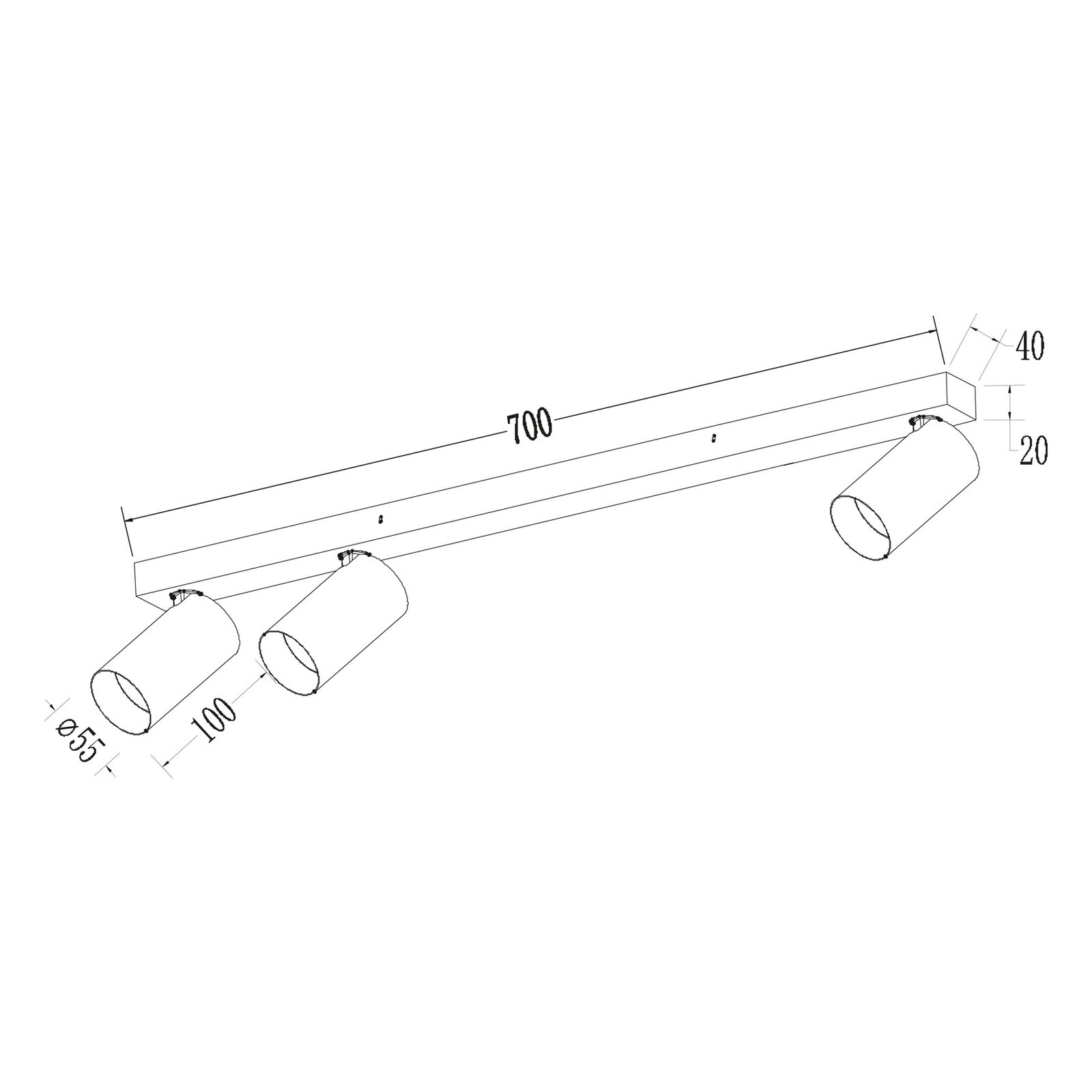 Hero downlight, white, 3-bulb, 70 cm, metal, GU10