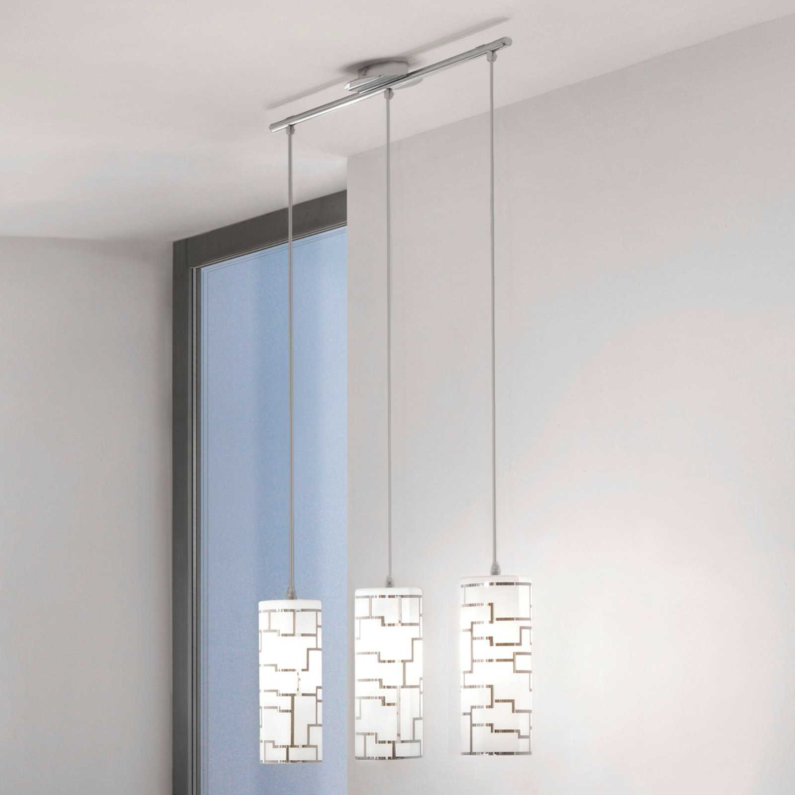 EGLO Bayman - 3-bulb pendant light with linear design, for Living / Dining Room, glass, metal, E27, 60 W, energy efficiency: A++, L: 72 cm