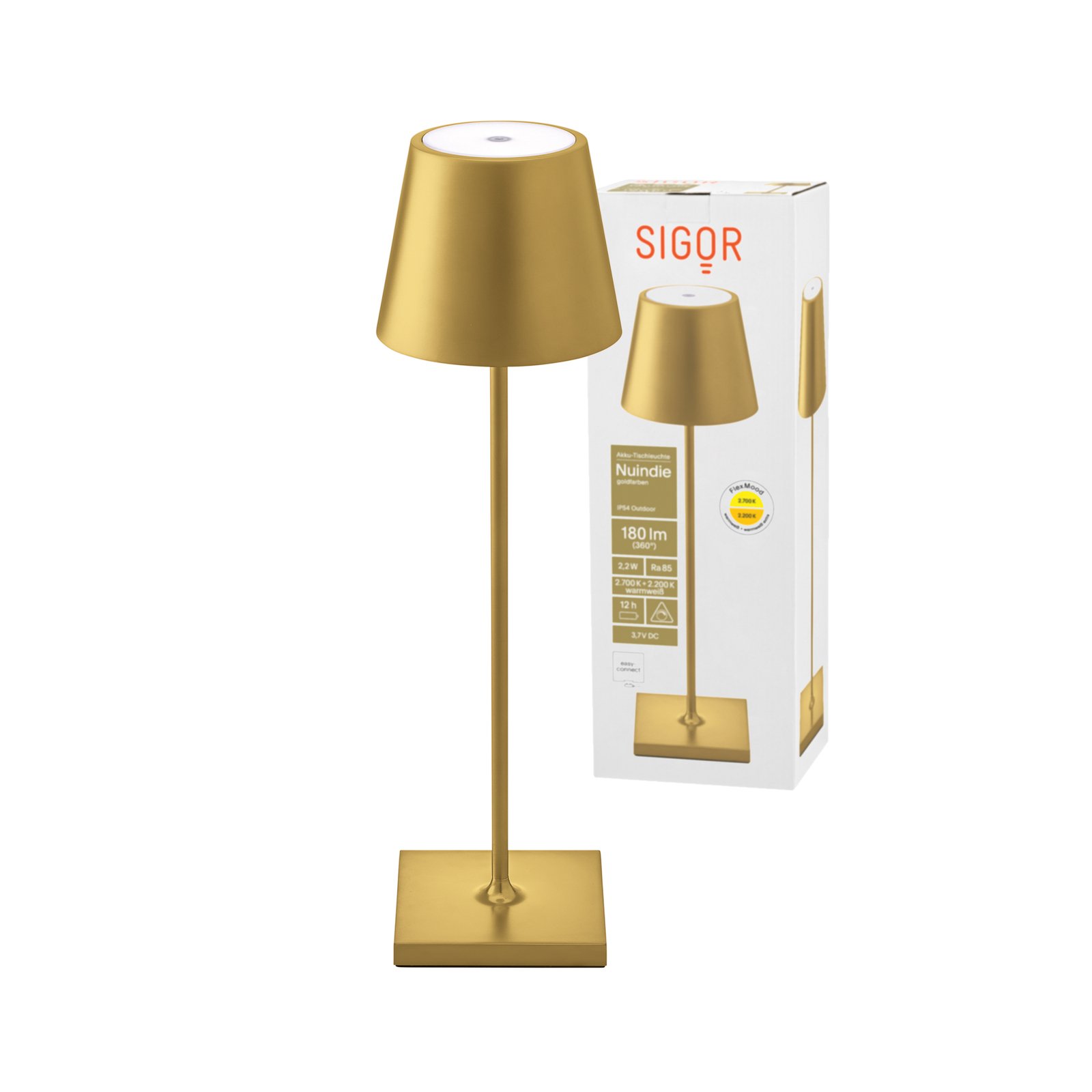 LED stolní lampa Nuindie aku, kulatá, 38 cm, zlatá