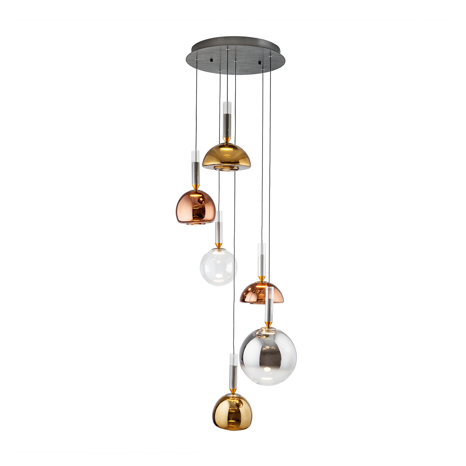 Charlize 6-bulb LED pendant light, Triac dimmable, four-coloured glass