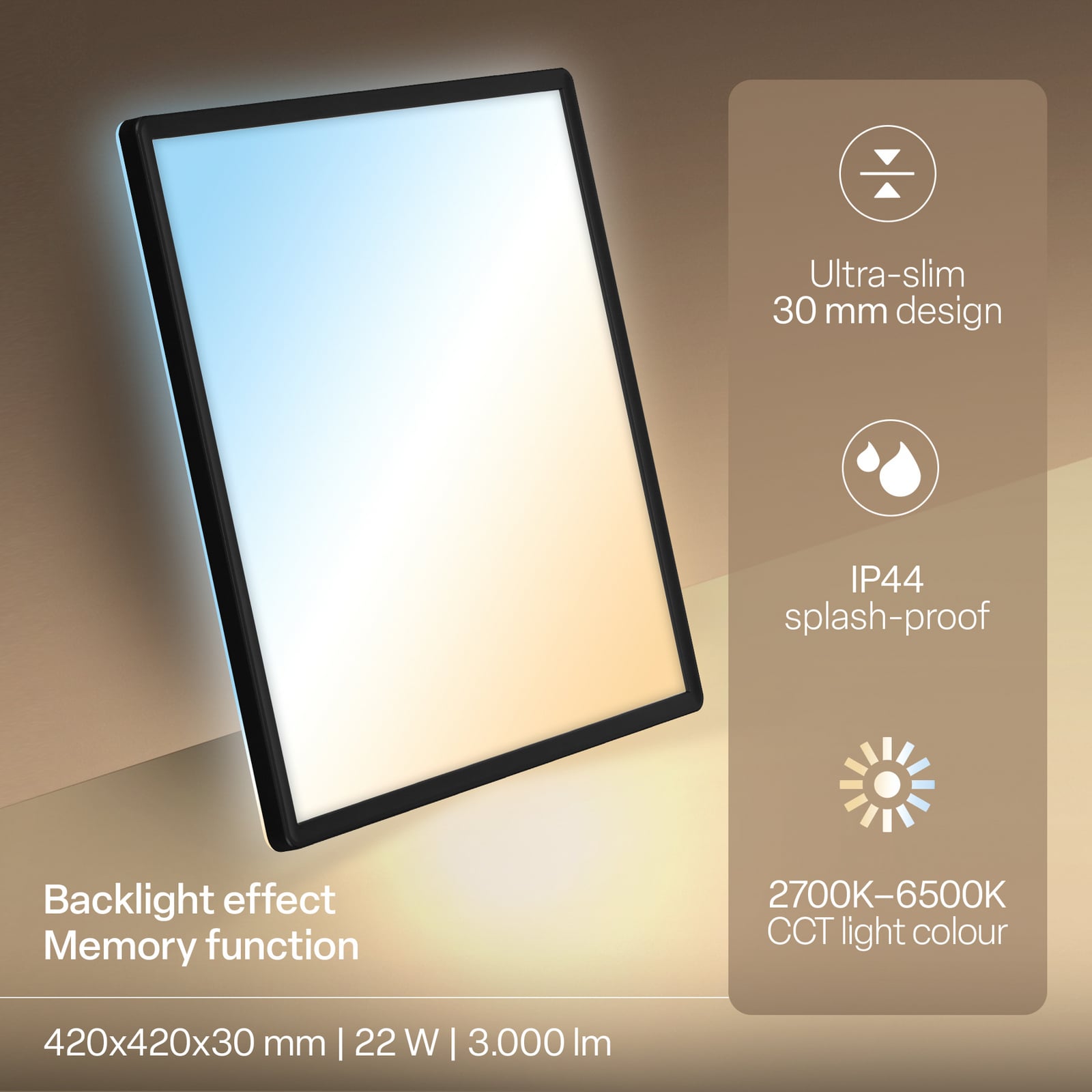 LED-panel Shallow med fjärrkontroll och CCT, 42 x 42 cm, svart,