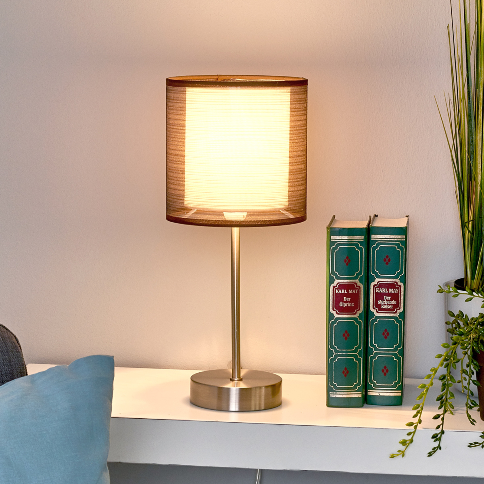 Nica bedside table lamp with brown fabric shade Lights.co.uk