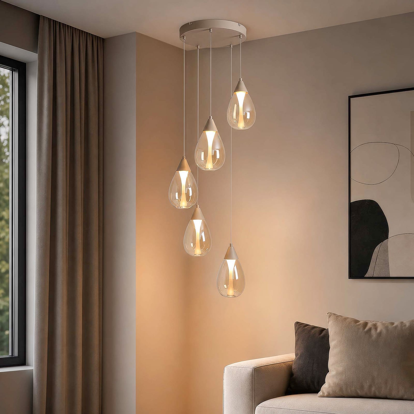 LED-Hängelampe Pear, 5-fl. rund, beige, Glas amber, 3.000 K LED-Hängelampe Pear, 5-fl. rund, beige, Glas amber, 3.000 K