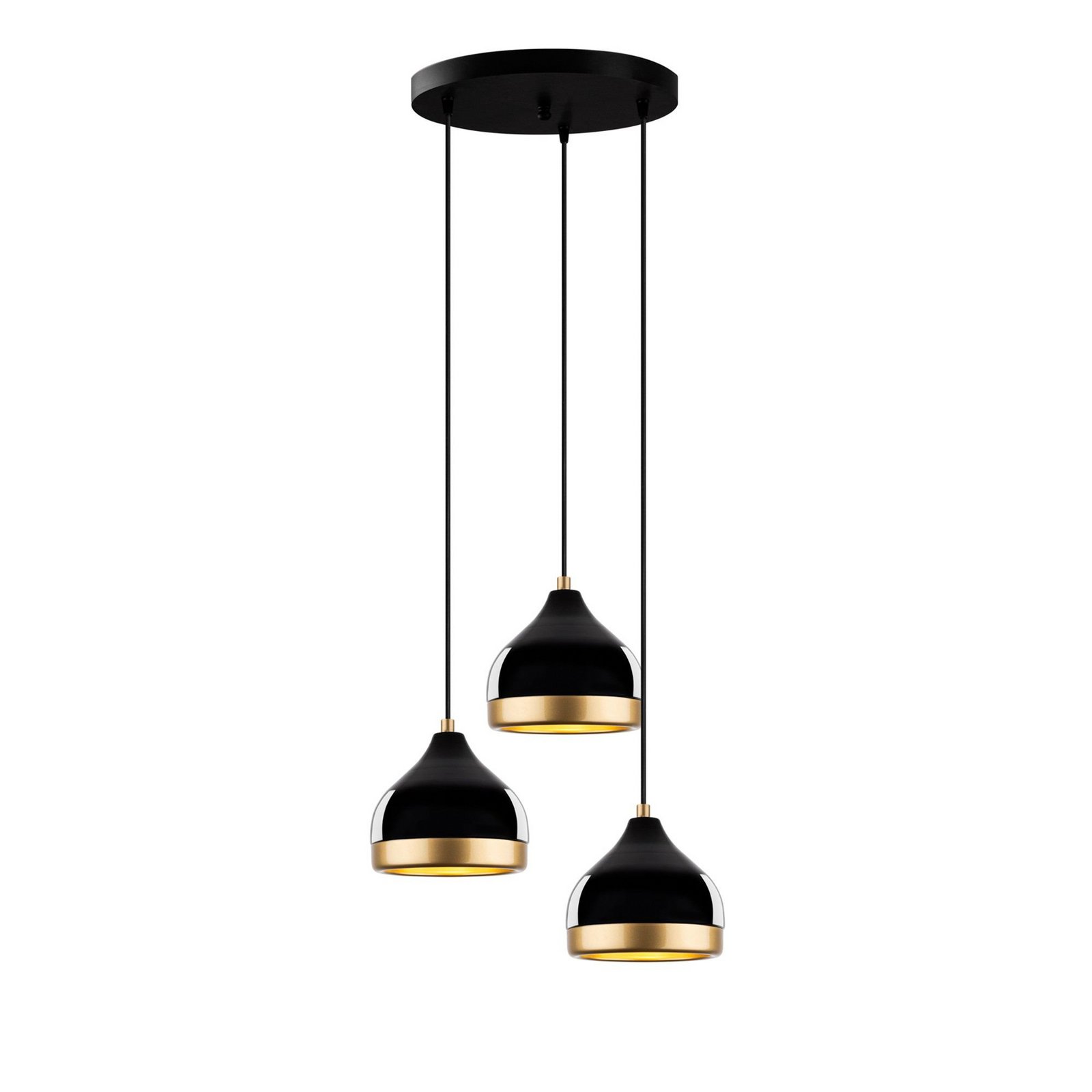 Yildo pendant light, 3-bulb, black/gold, round, Ø37 cm