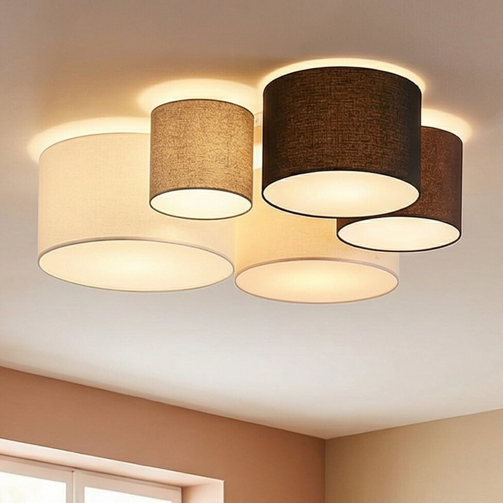 Lindby Laurenz ceiling light, 5-bulb, brown/beige, textile