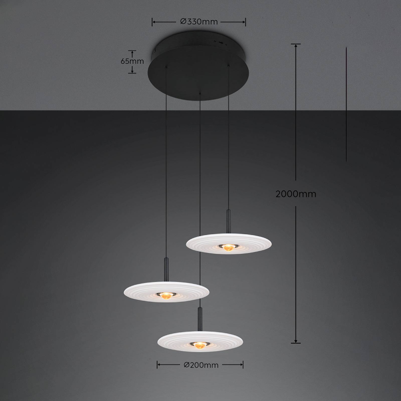 LED-hengelampe Sirena, hvit, Ø 41 cm, glass, 3 lyskilder