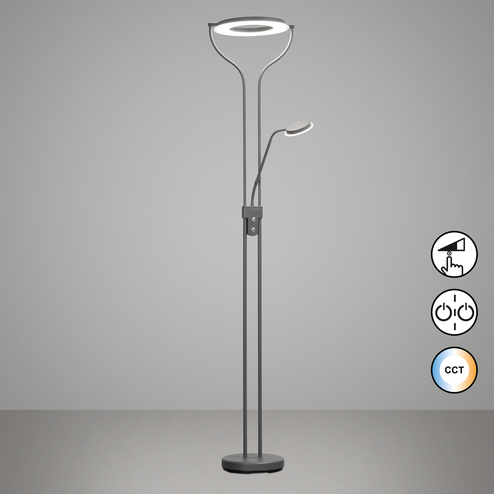 LED-gulvlampe Davos, sandgrå, højde 180 cm, 2 lyskilder, CCT