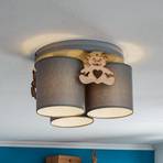 Plafonnier Mis, gris avec ours en bois, à 3 lampes