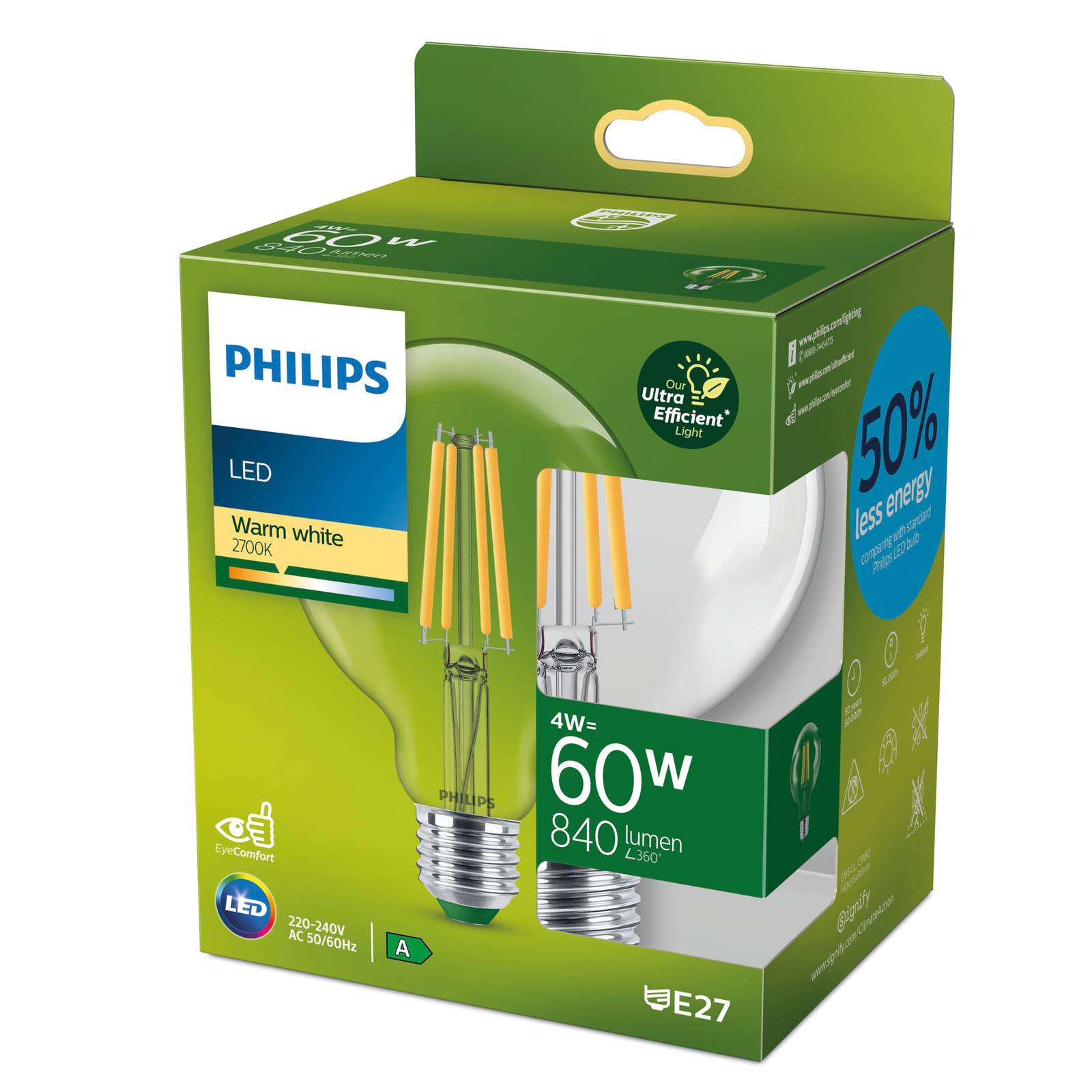 Philips Ultra Efficient LED Filament Lampe ersetzt 60W E27 Globe - G95 4W 8 günstig online kaufen