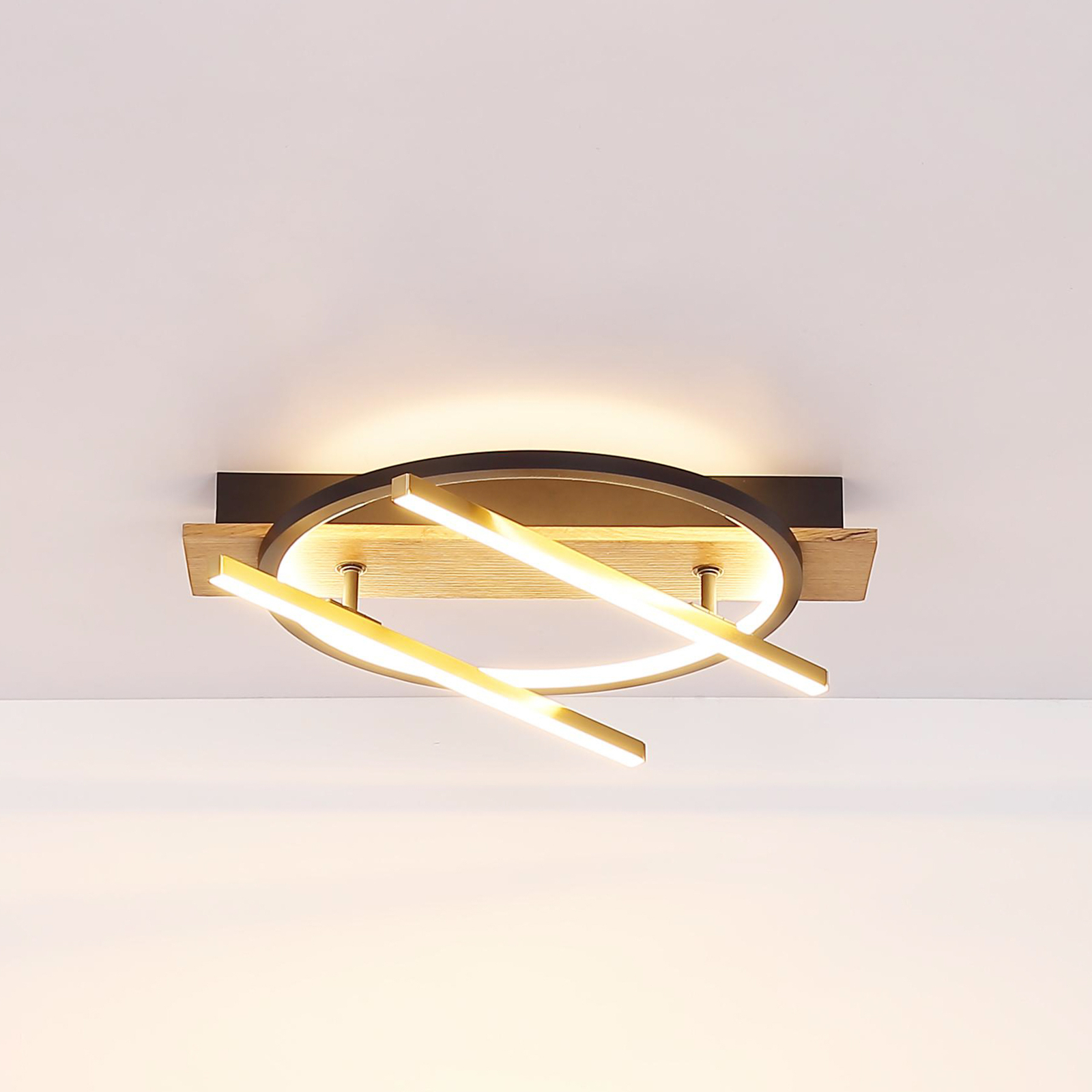 Beatrix LED ceiling light, length 44 cm, wood/black, wood