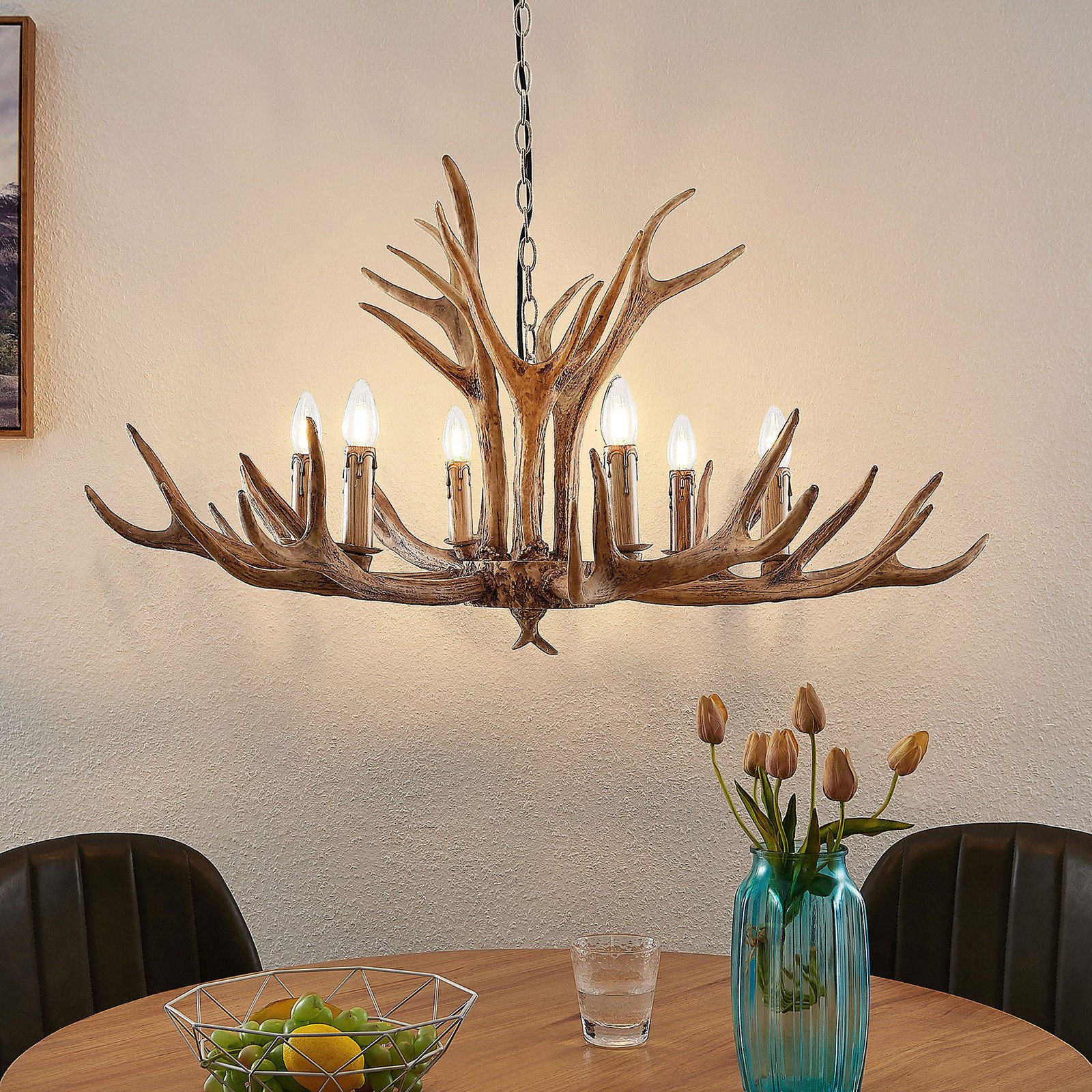 Lampă suspendată Lindby Tejask Ø 102 cm 6 becuri coarne E14 - Camera de zi / sufragerie - Casă de țară / Rustic - maro - Plastic