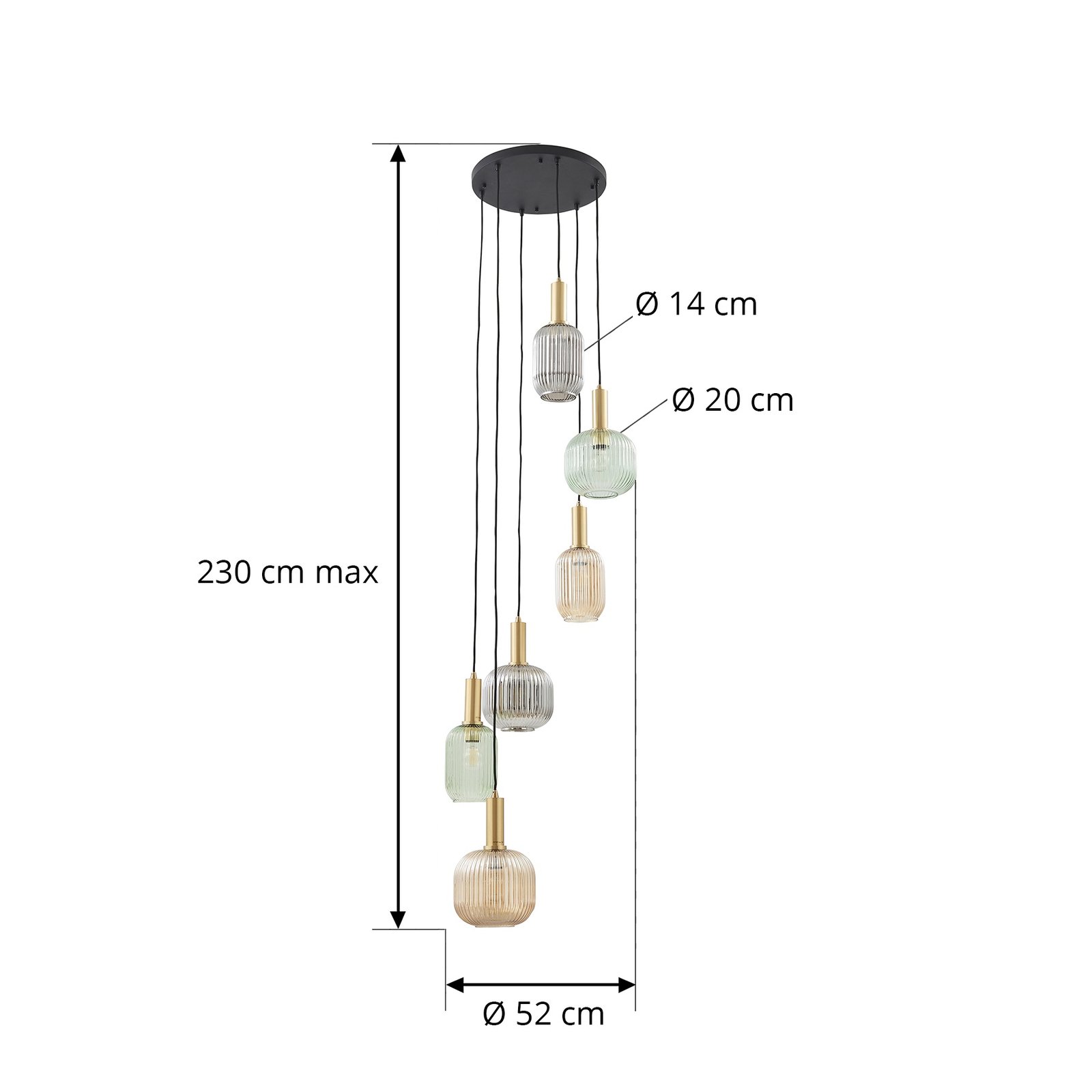 Lindby, candeeiro suspenso Doroteo, 6 lâmpadas, verde/âmbar/cinza, vidro