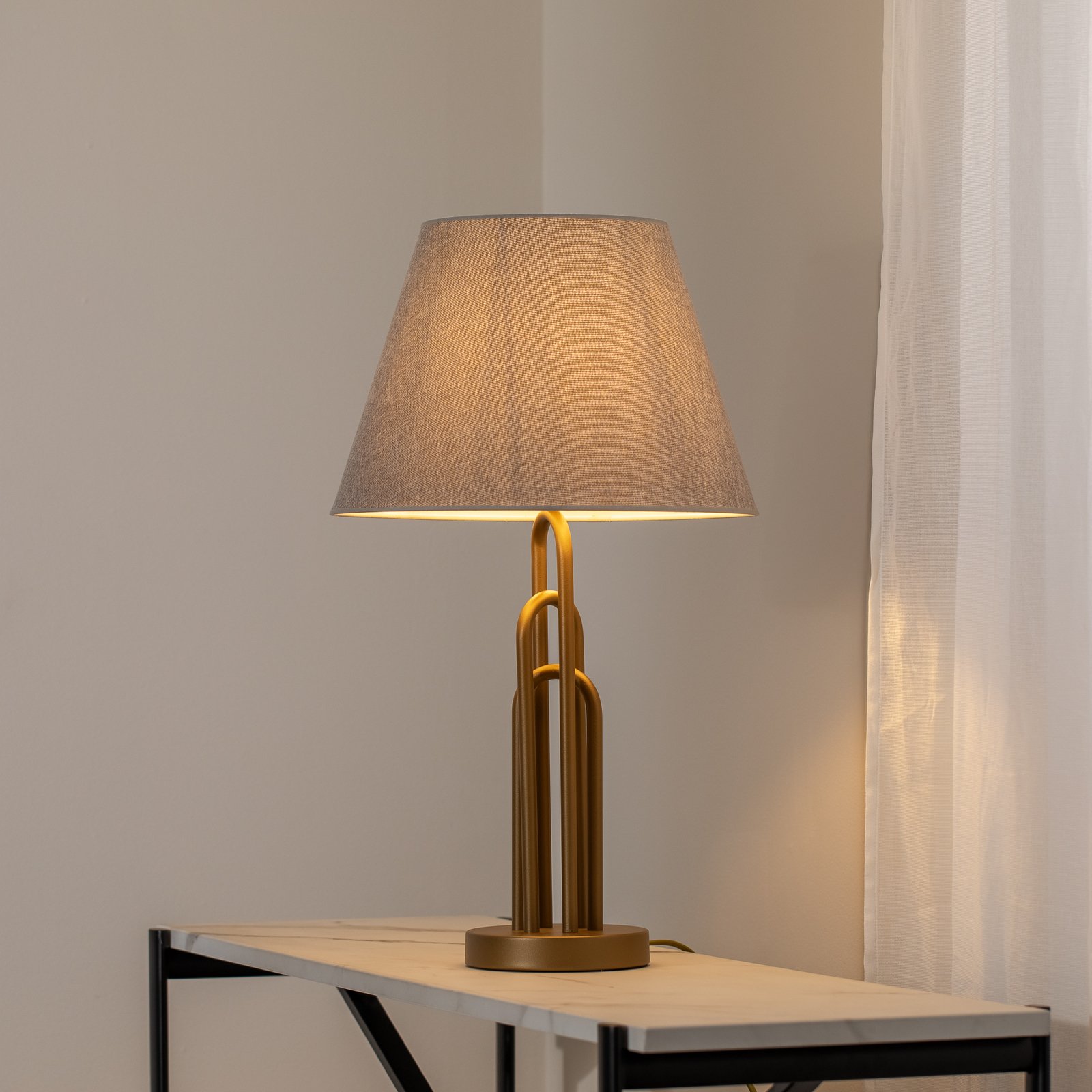 Lampe de table Lazar, gris/or antique, hauteur 65 cm, textile/métal