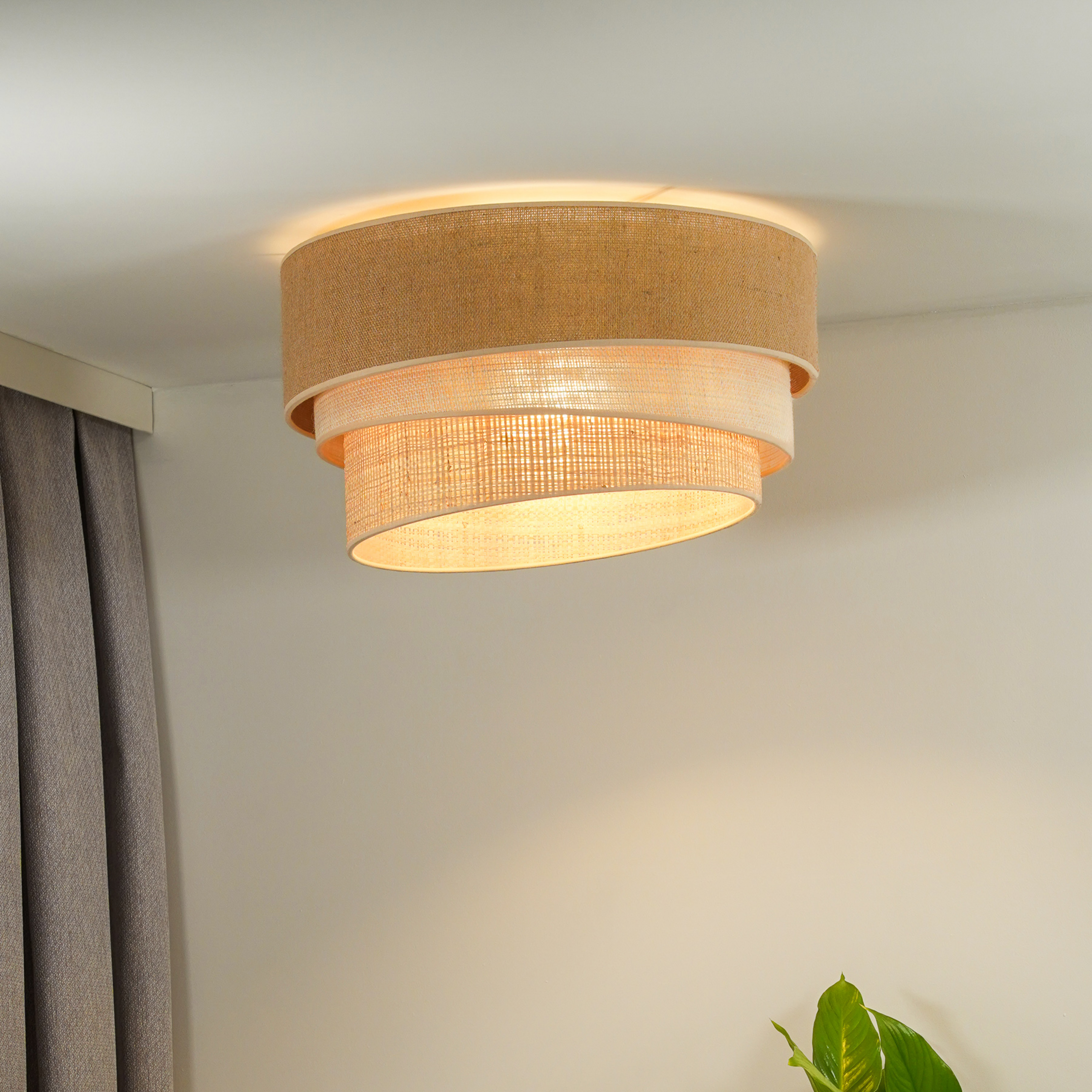 Euluna griestu lampa Trio džuta, dabīgi brūna/balta/rafija Ø 45 cm