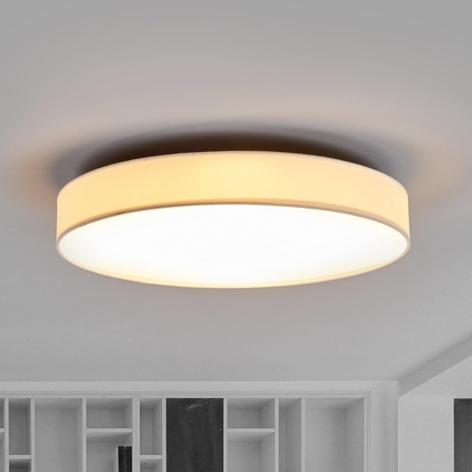 Lindby Fabric LED ceiling lamp Saira, 50 cm, white, for Living / Dining Room, fabric, plastic, metal, 30 W, energy efficiency: A+, H: 10.5 cm