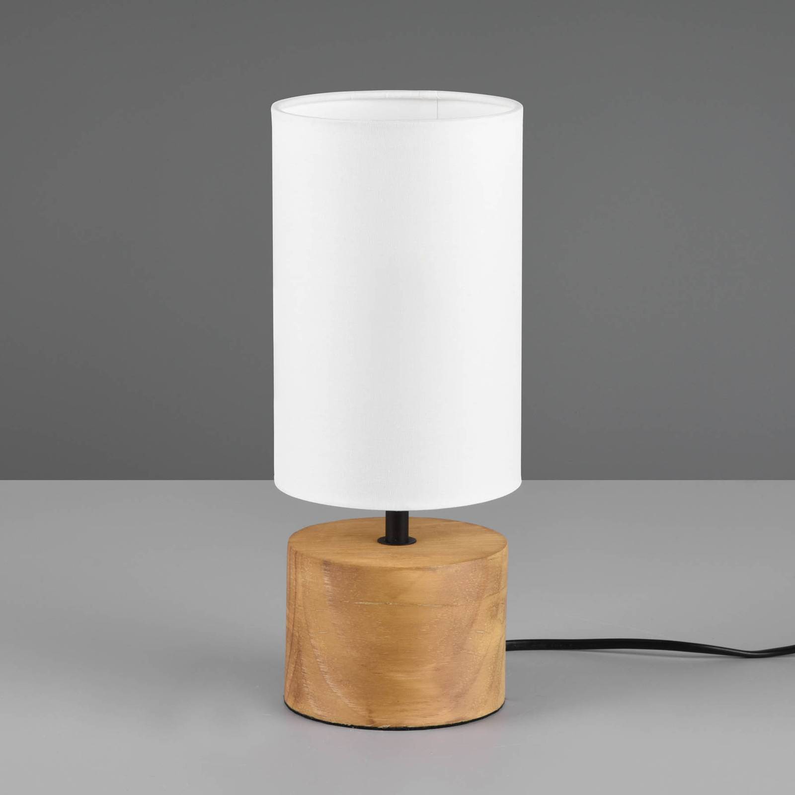 Reality Leuchten Woody table lamp, wood/fabric, cylinder, white