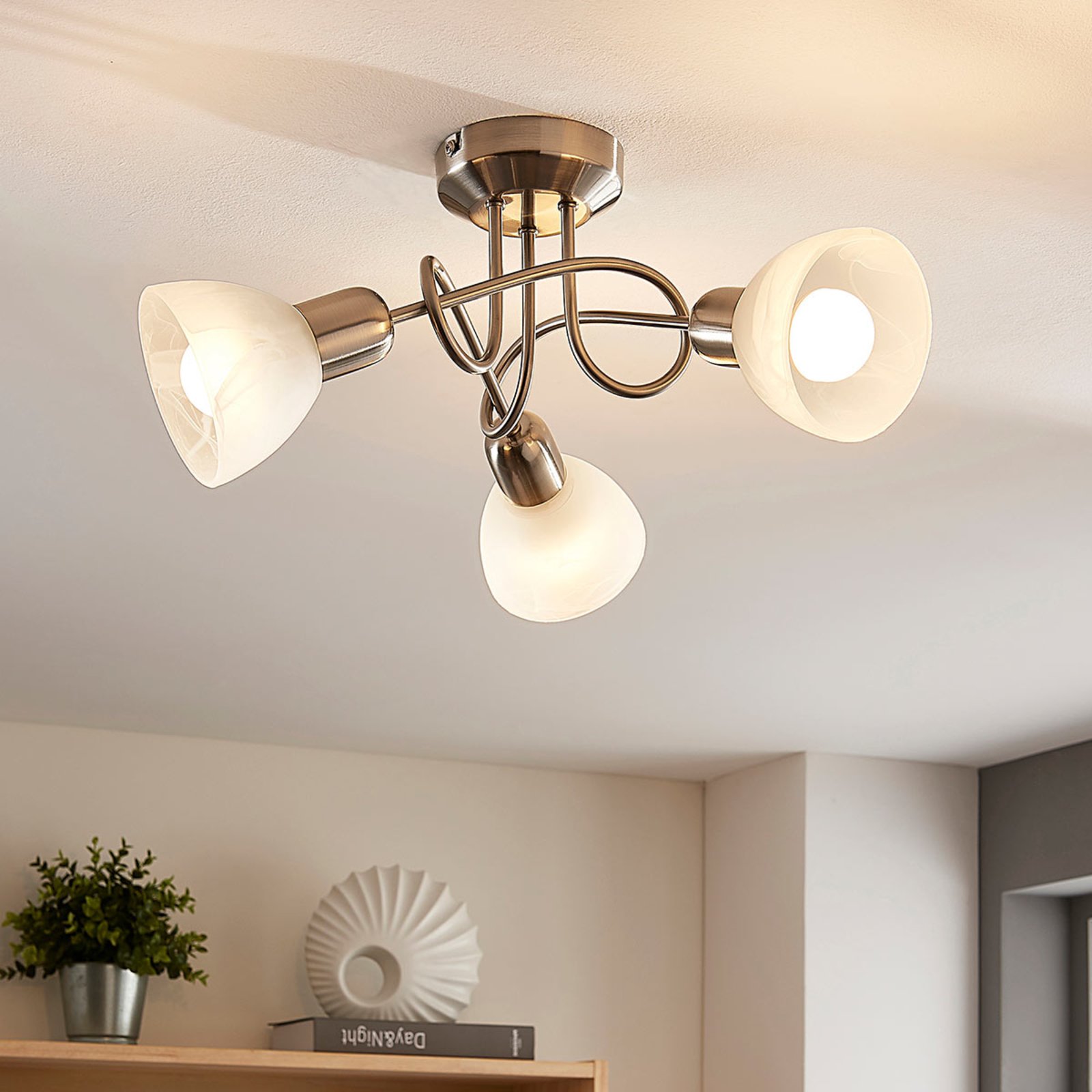 Lindby Paulina LED ceiling lamp, 3-bulb, round, for Living / Dining Room, glass, metal, E14, 4 W, energy efficiency: A+, H: 18 cm