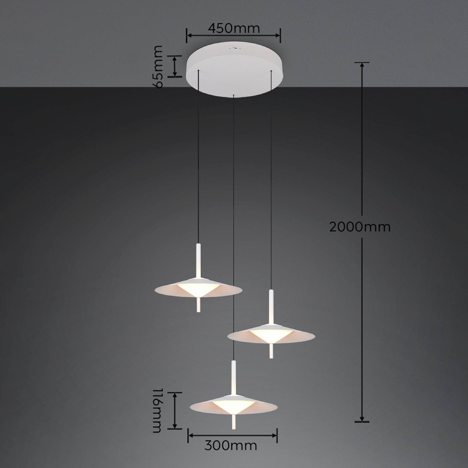 LED-hengelampe Amalo, matt hvit, Ø 67 cm, metall, 3 lyskilder.