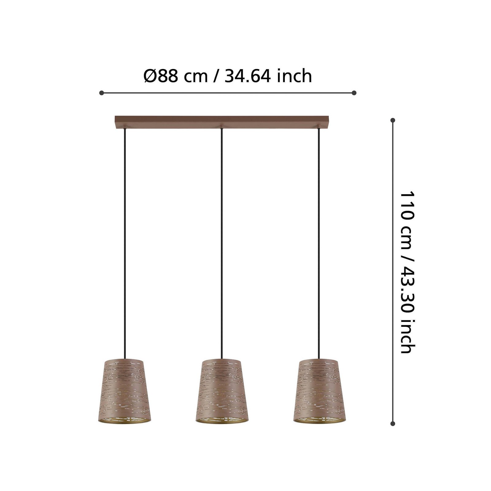 Segezia hanging light, mocha/gold-coloured, length 88 cm, 3-bulb.