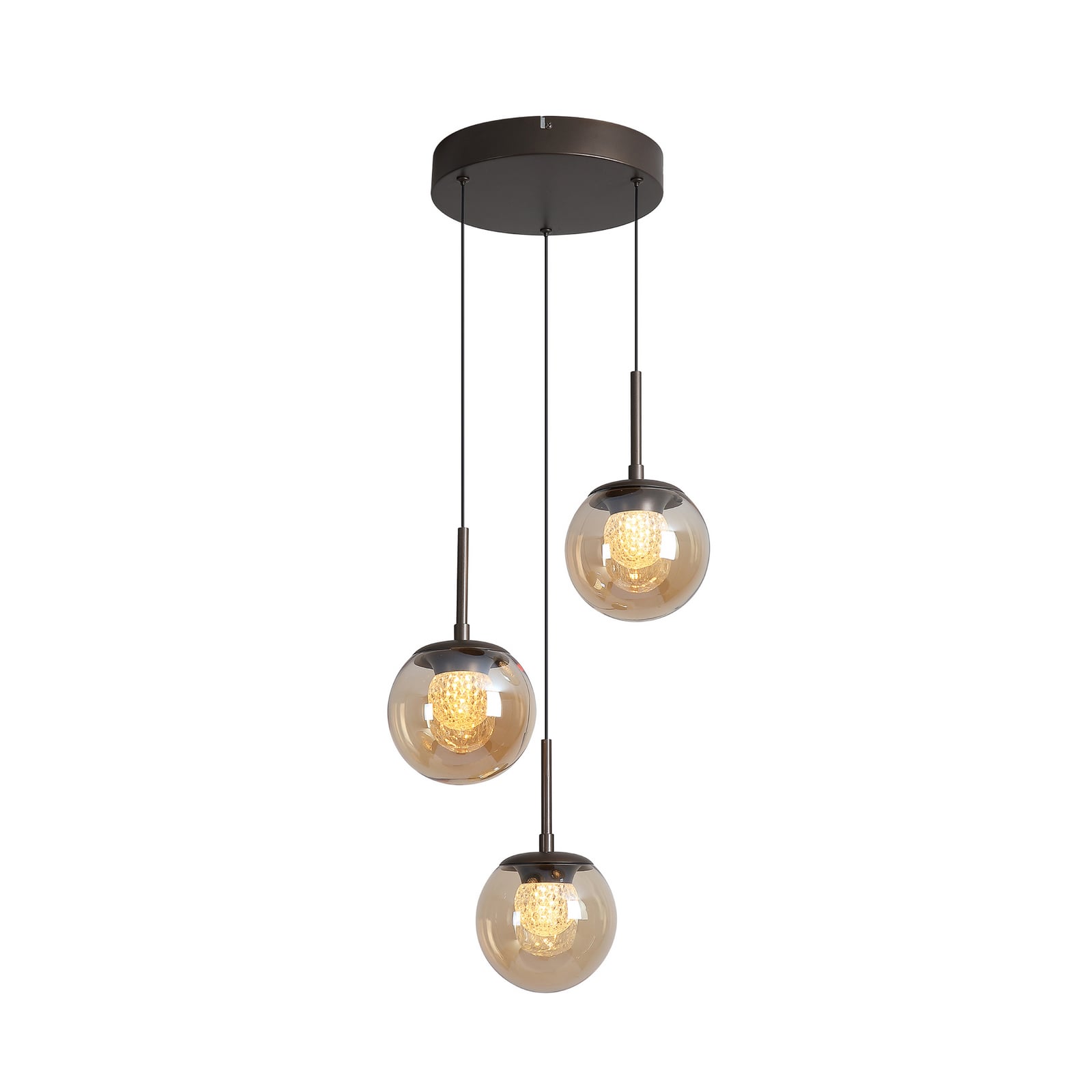 LED-Hängelampe Solis, 3-flammig rund, bronze, Glas, 2.700 K
