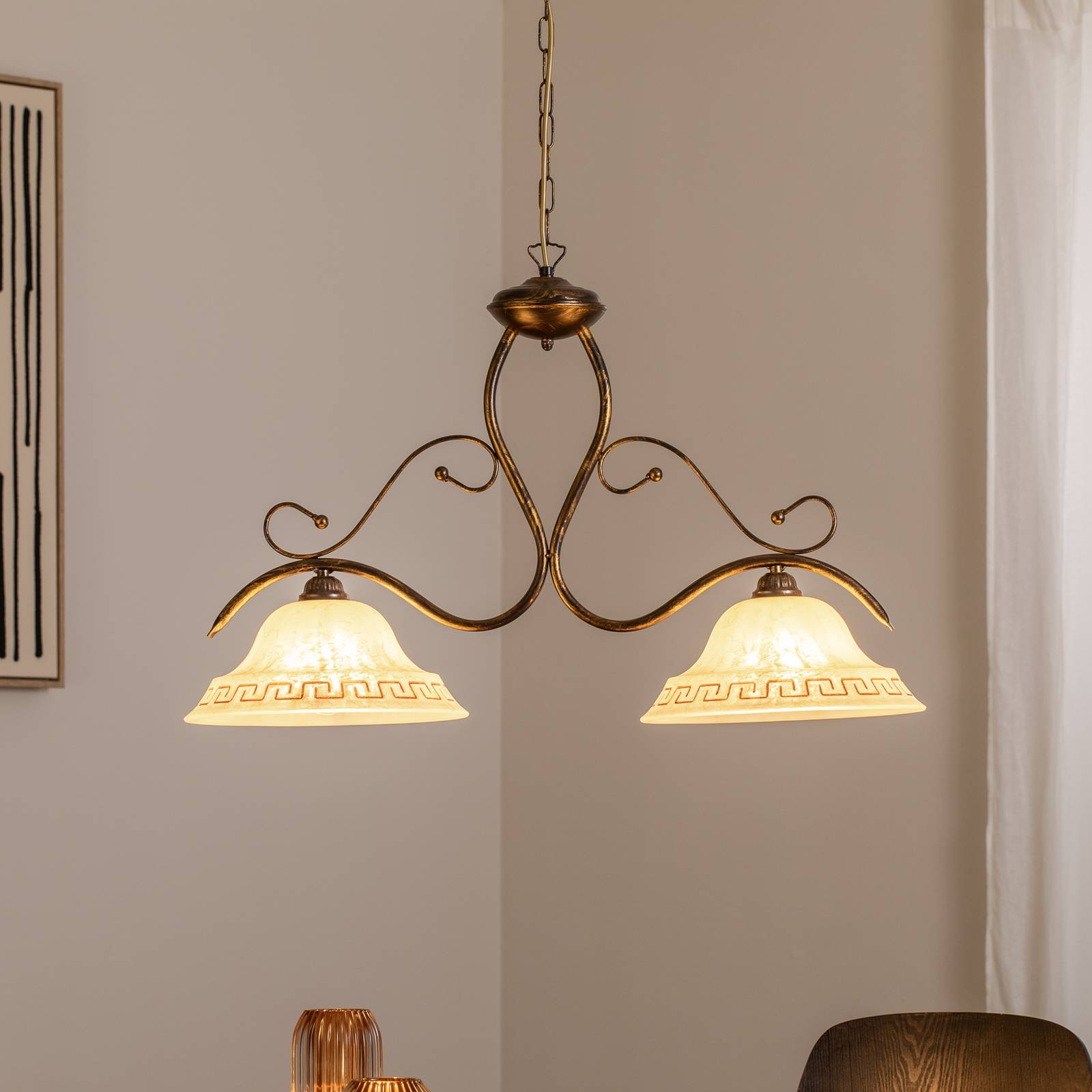 Hängelampe BILIARDO GIORGIO, creme/bronze, Glas/Eisen 2-flg. günstig online kaufen
