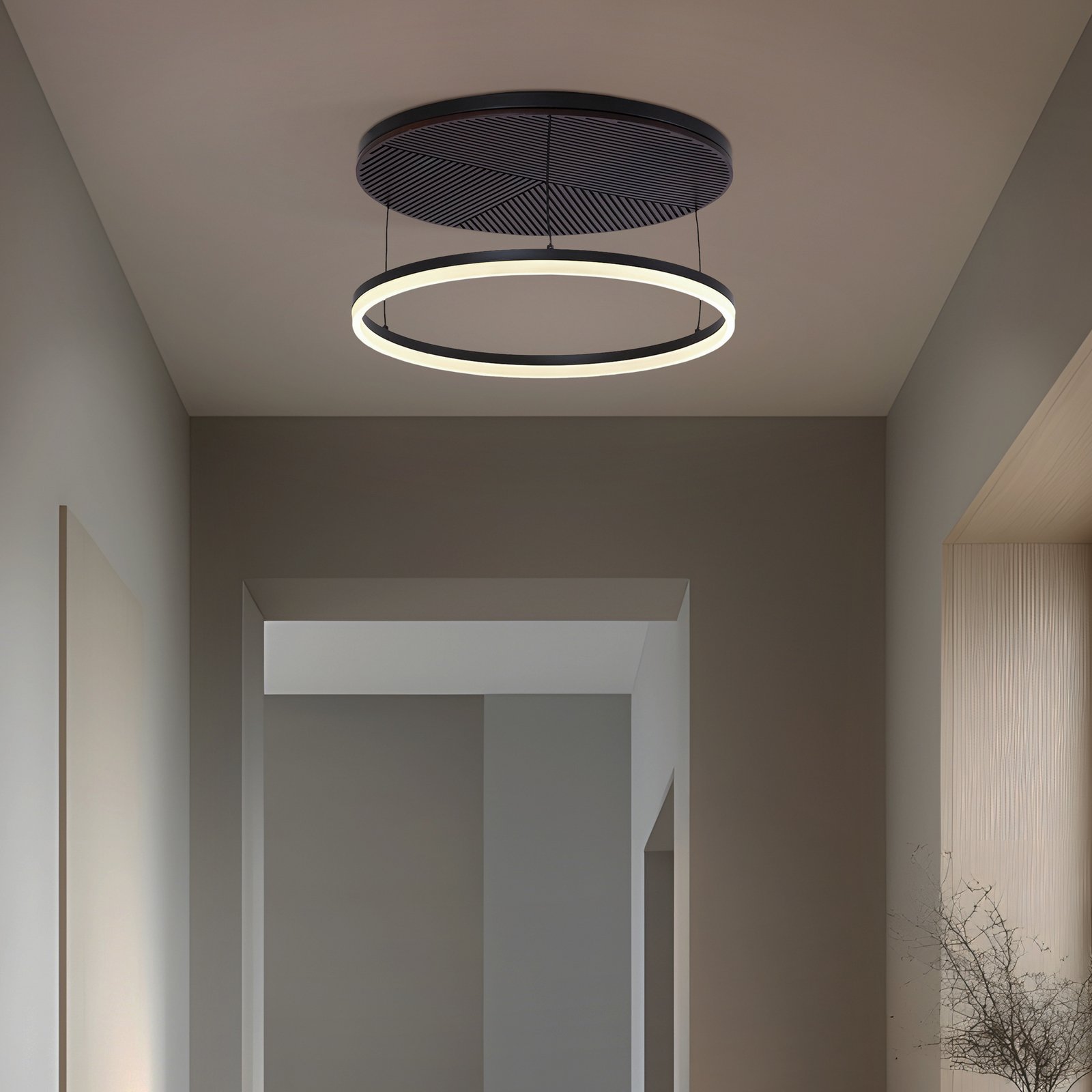 Lucande LED stropní svítidlo Orven, černá/dřevo, Ø50cm, stmívatelné