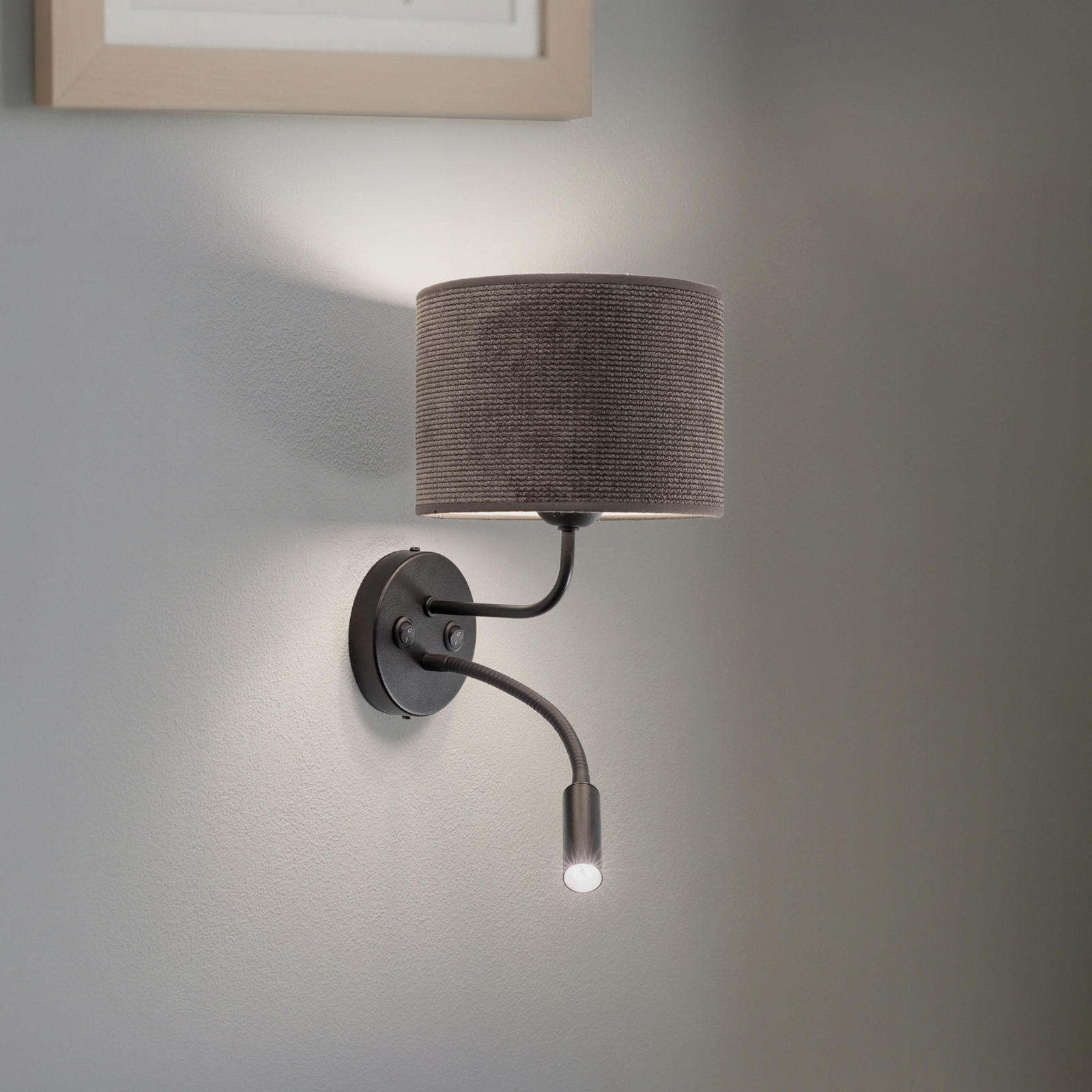 Applique Roller, corda grigio scuro, nero, con lampada da lettura