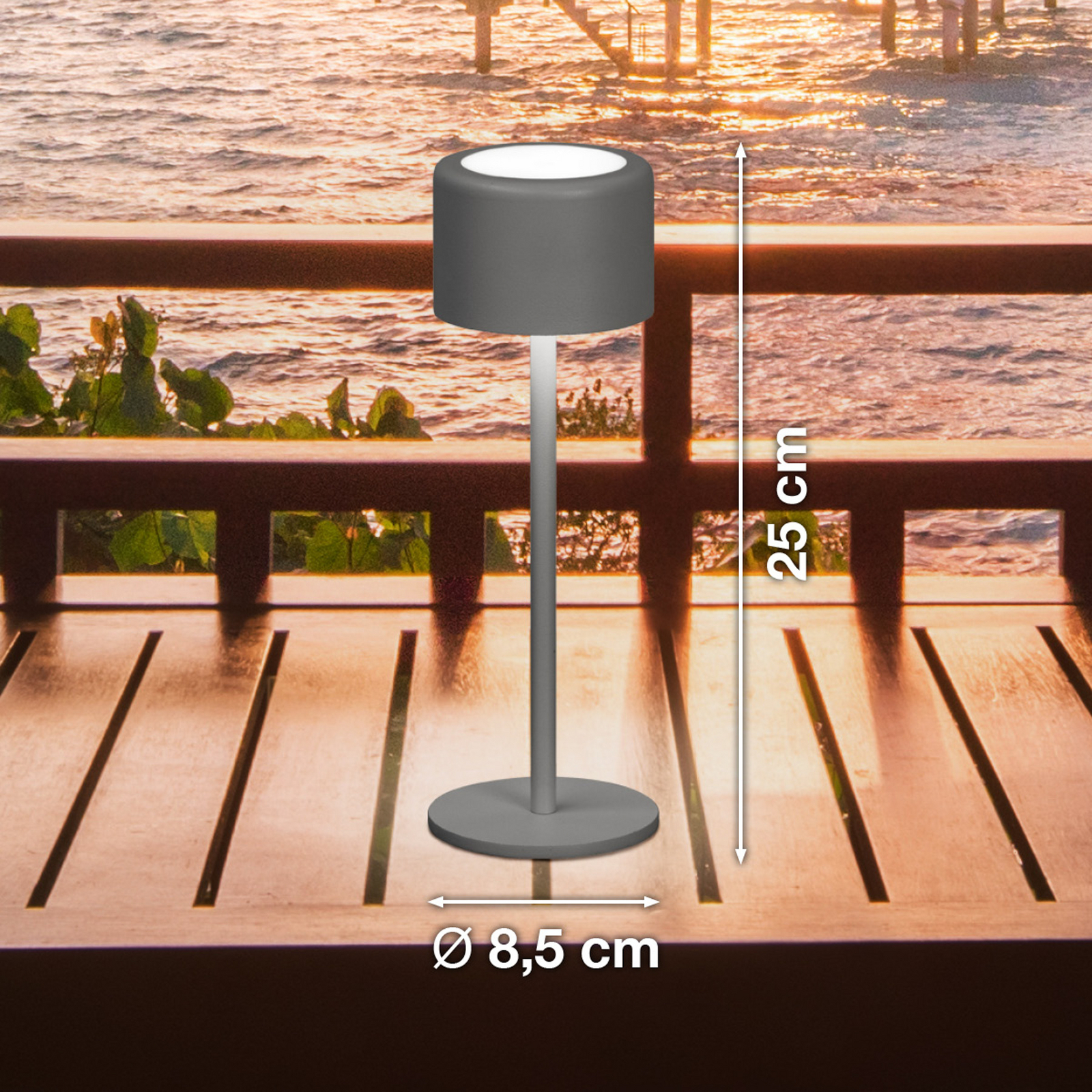 LED-Akku-Tischlampe Juna, sandgrau Höhe 25 cm Metall, IP54