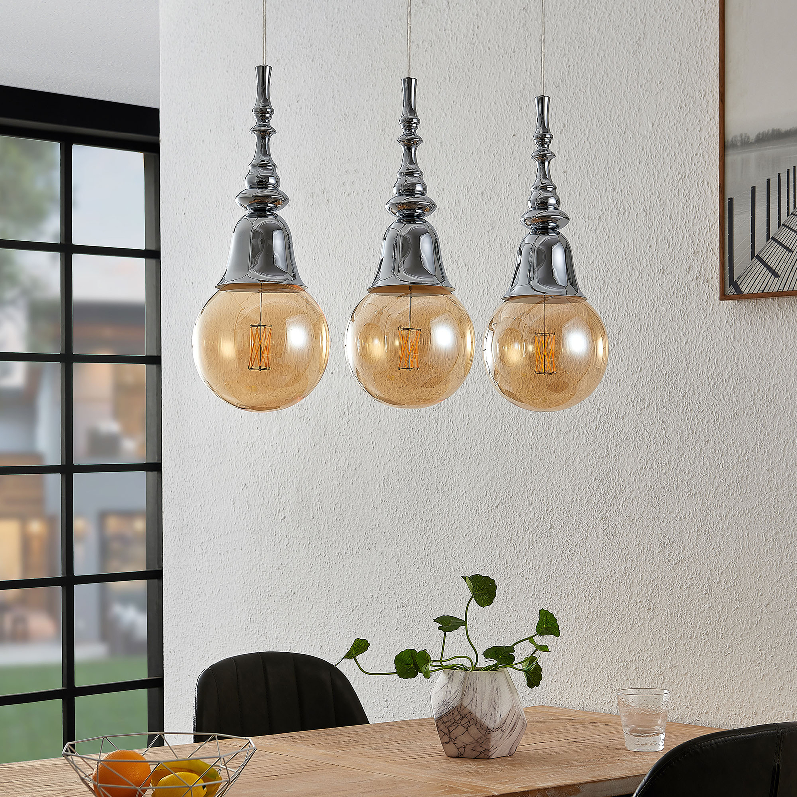 Lucande Gesja hanglamp, 3-lamps, lang, chroom