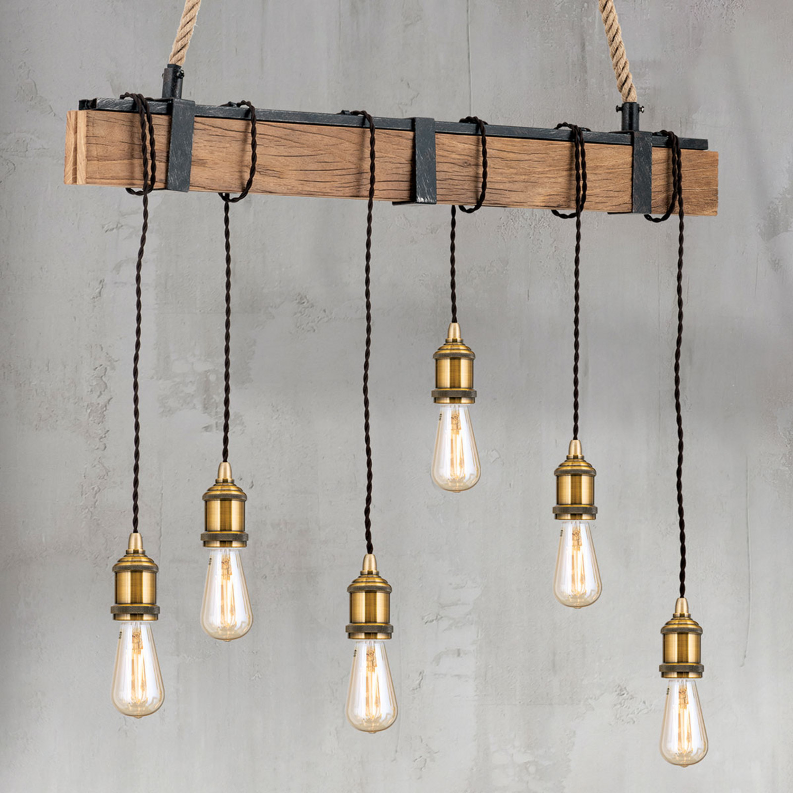 ORION Cellar lampă grindă lemn frânghie cânepă 6 becuri - Camera de zi / sufragerie - Vintage - lemn deschis la culoare maro natur negru auriu antic